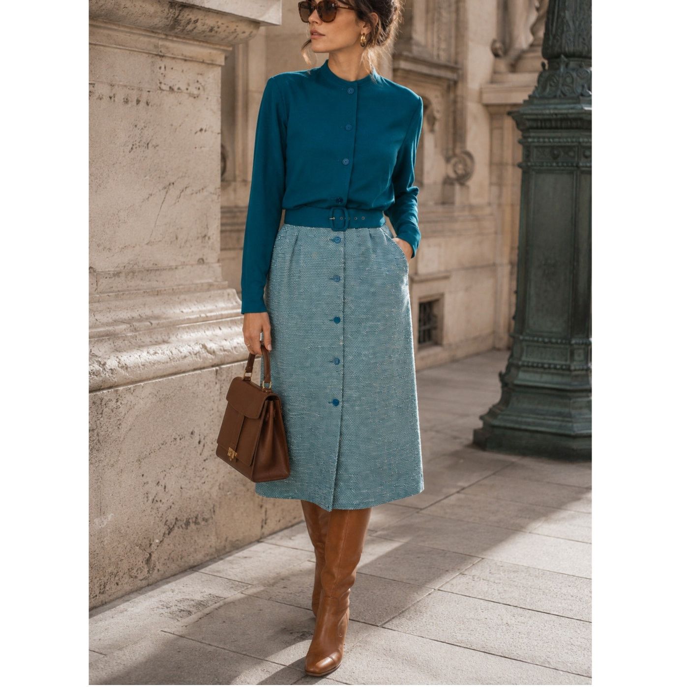 Vintage Vintage 70s/80s Teal Wool Blend Tweed Button Up Dress size S Size S / US 4 / IT 40 - 1 Thumbnail