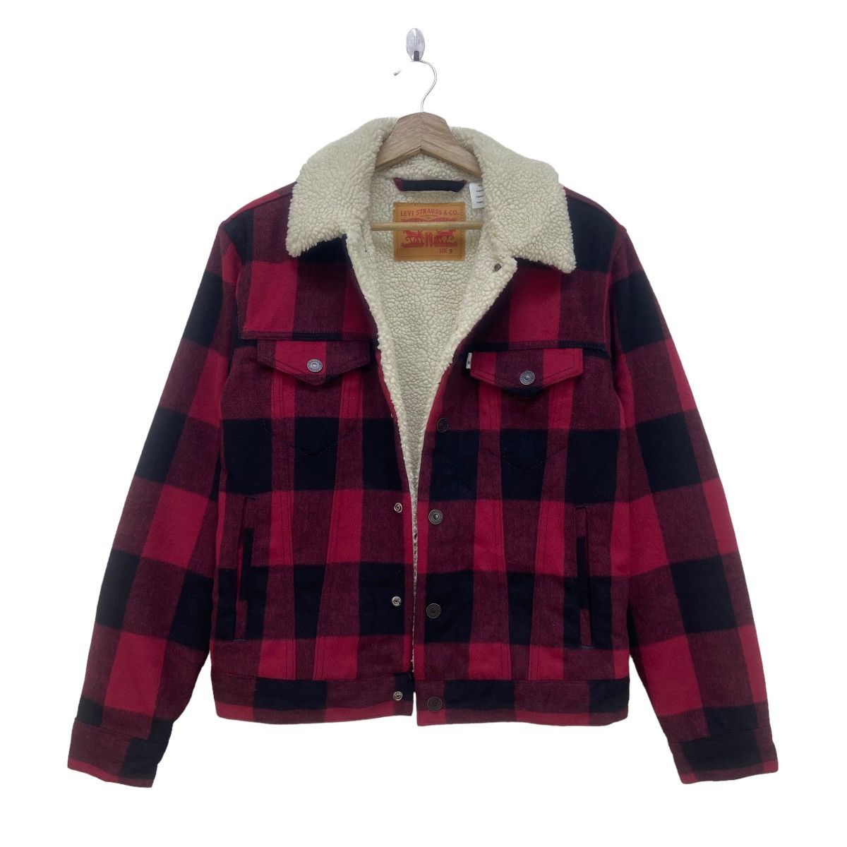 image of Levis x Winter Session Levi’S Red Check Fleece Sherpa Trucker Jacket, Men's (Size Small)