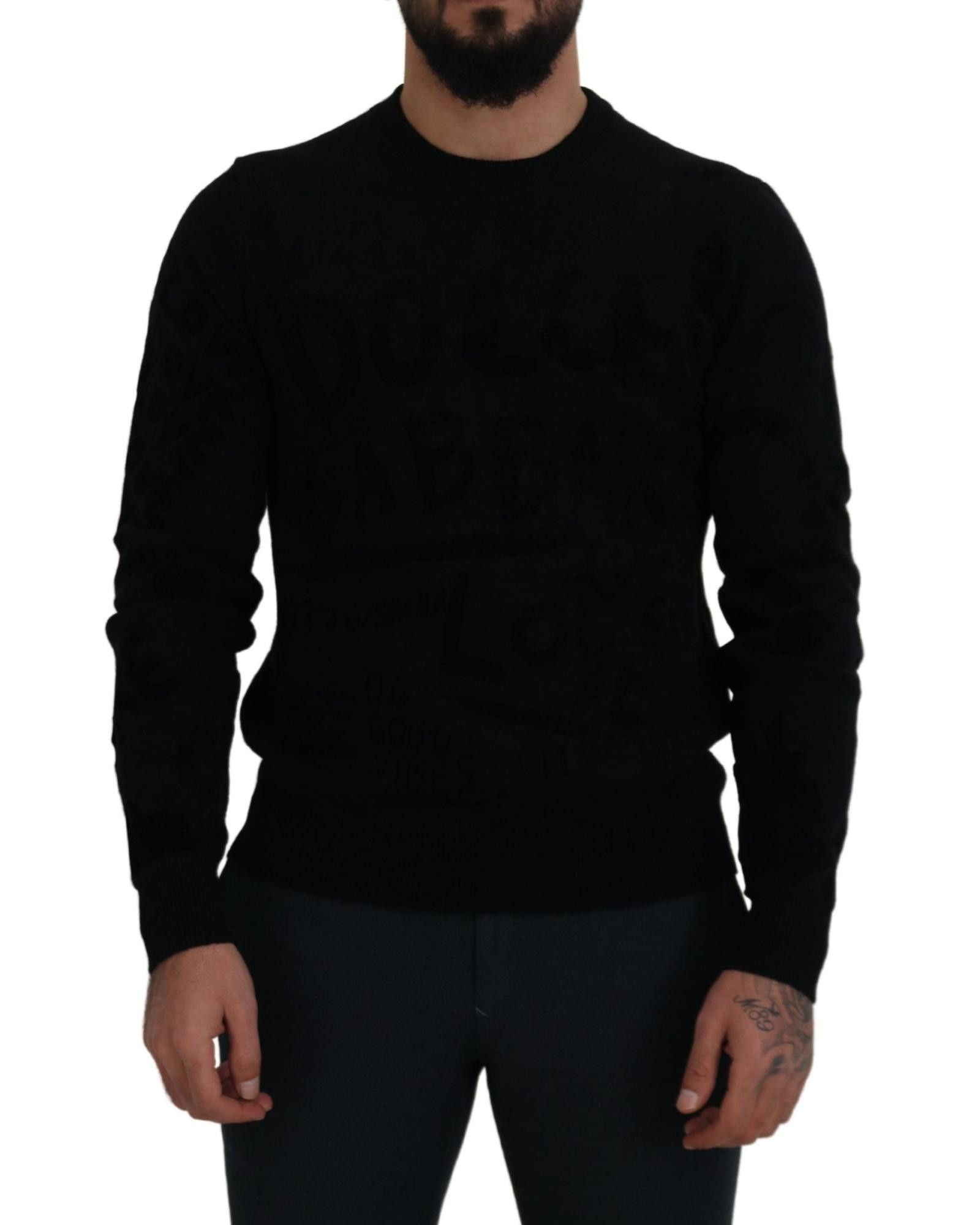 image of Dolce Gabbana Wool Logo Pattern Crewneck Pullover Sweater in Black, Men's (Size XS)