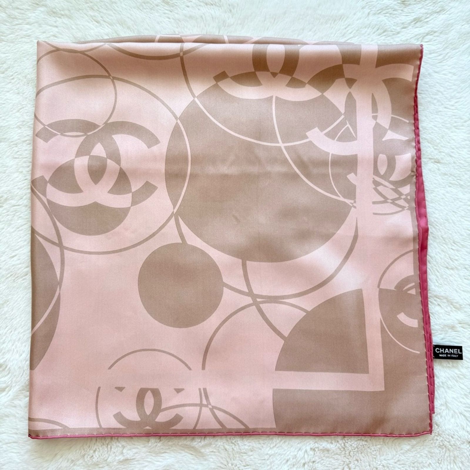CHANEL Silk CC Reversible Square Scarf Pink Beige Authentic