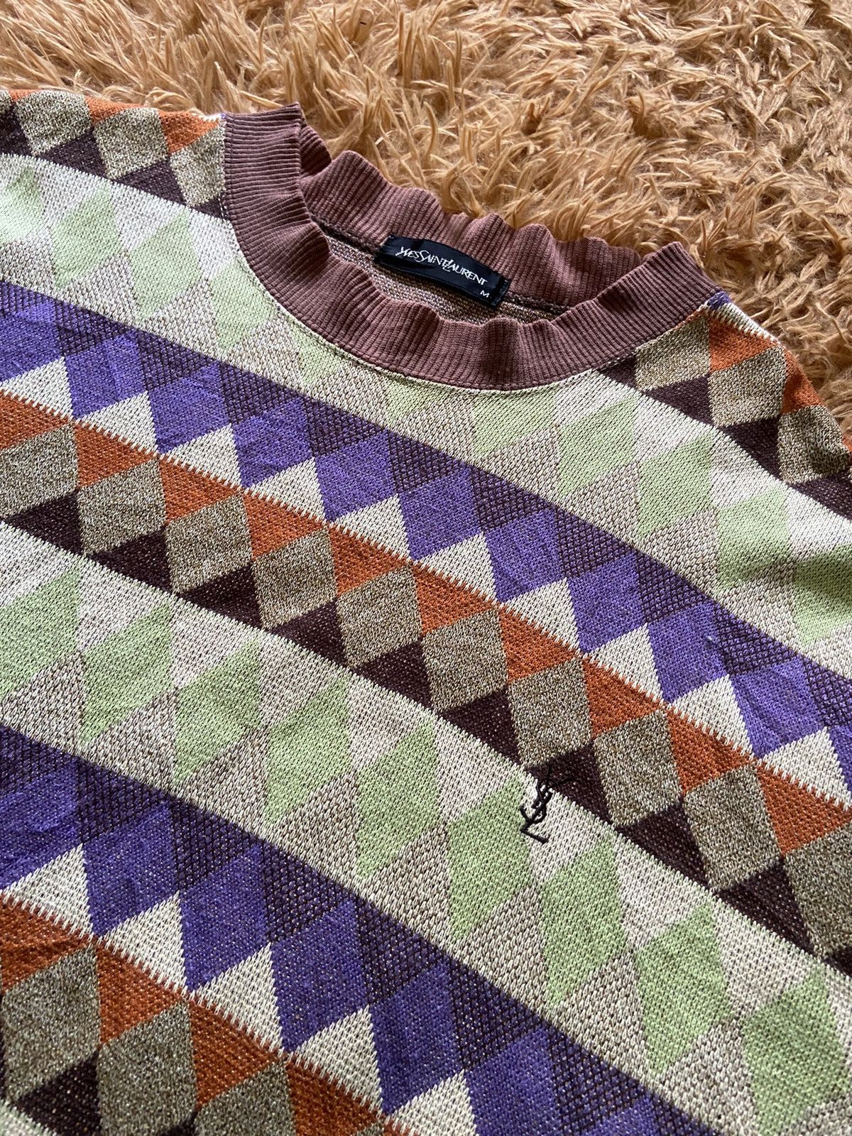 Yves Saint Laurent Vintage Yves Saint Laurent Geometric Argyle Knit Sweatshirt Size US M / EU 48-50 / 2 - 2 Thumbnail
