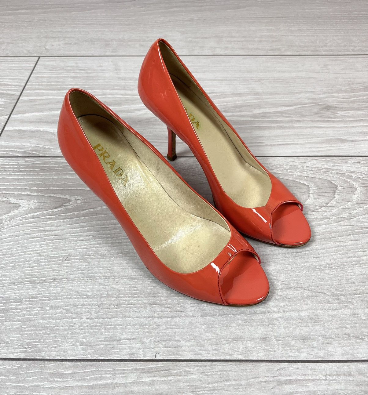Prada Prada Leather Peep Toe Pumps Heels Coral Shoes Womens Size US 5.5 / IT 35.5 - 3 Thumbnail