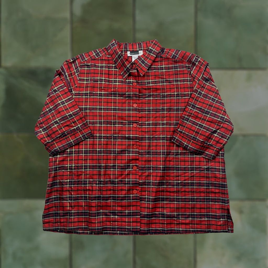 Vintage Maggie Barnes Shirt Womens 24 Red Plaid Collared 3/4 Sleeve Silk Top Size 4XL / US 24-26 - 1 Thumbnail