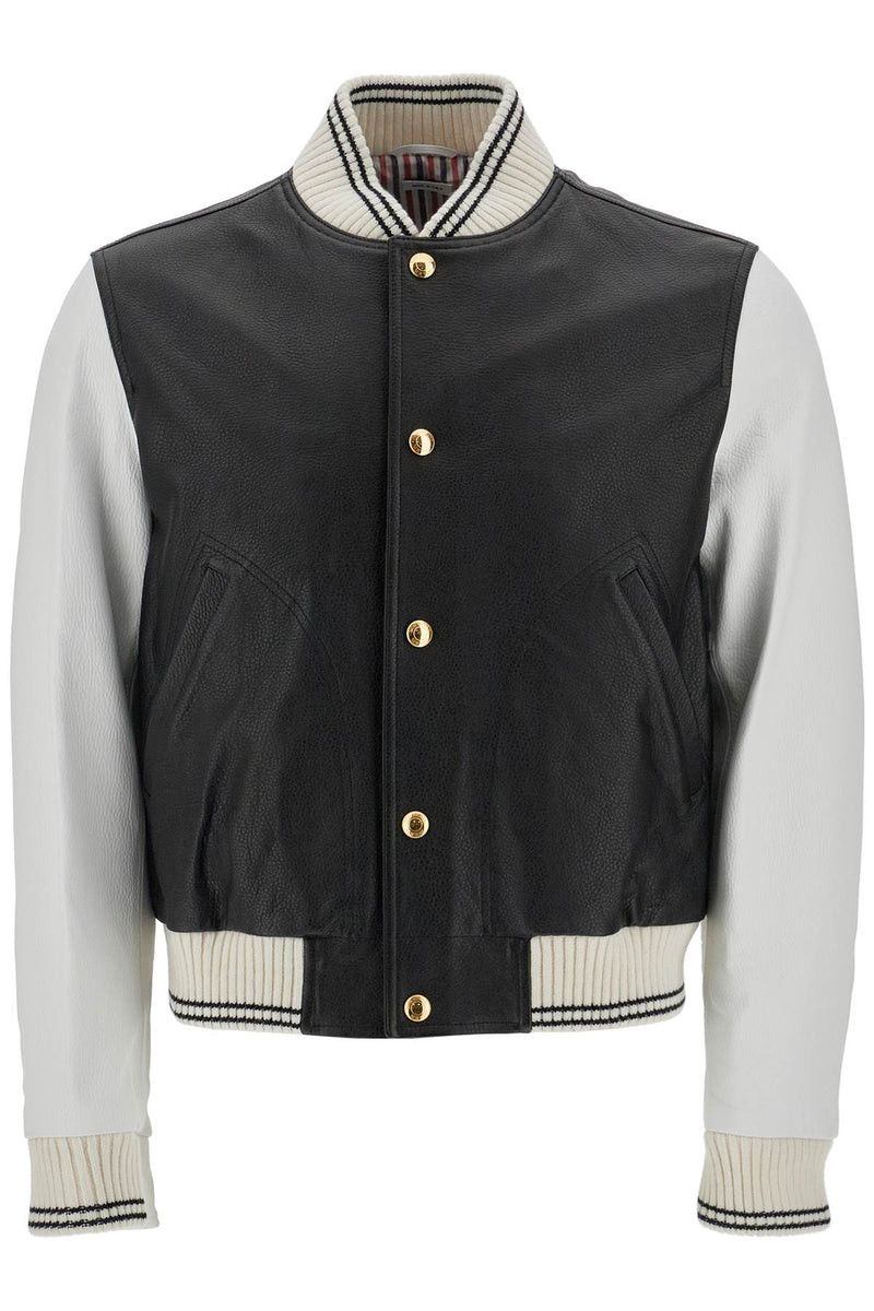 Thom Browne o1s22i1n1224 Leather Varsity Bomber Jacket in White Black Size US M / EU 48-50 / 2 - 1 Preview