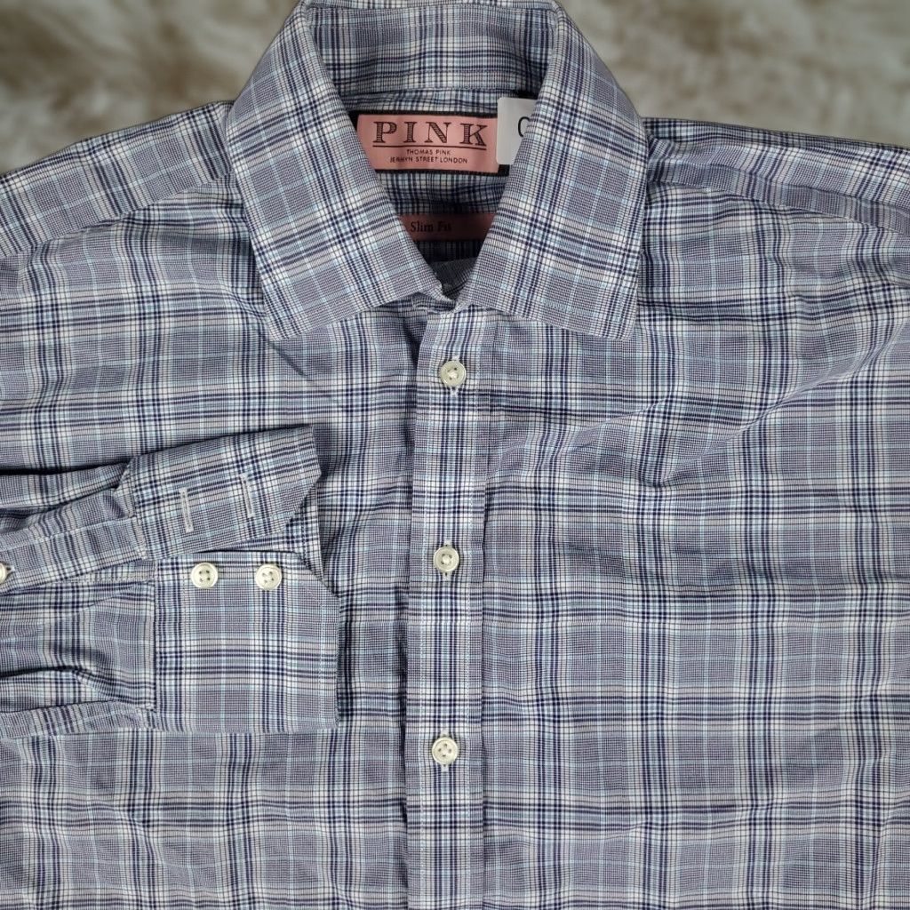 Pinko VINTAGE Thomas Pink Dress Shirt Men Size 15 Blue Plaid Long Sleeve Business Casual Formal Size 40R - 1 Thumbnail