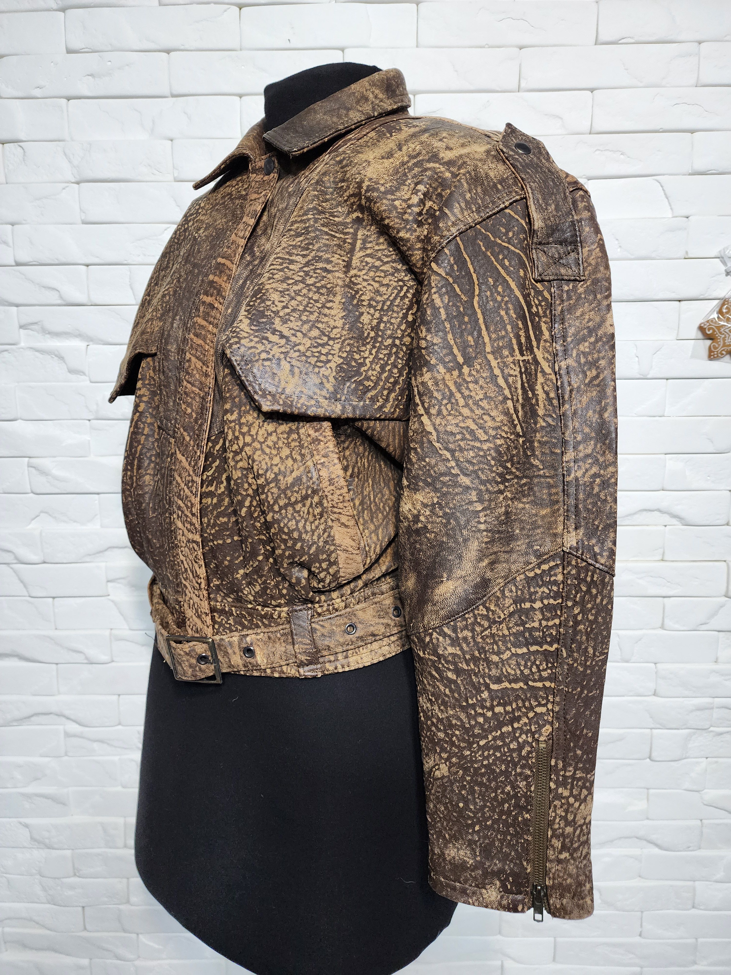 Other Brown Leather Cropped Jacket: Women's Belted Design Size M / US 6-8 / IT 42-44 - 2 Thumbnail