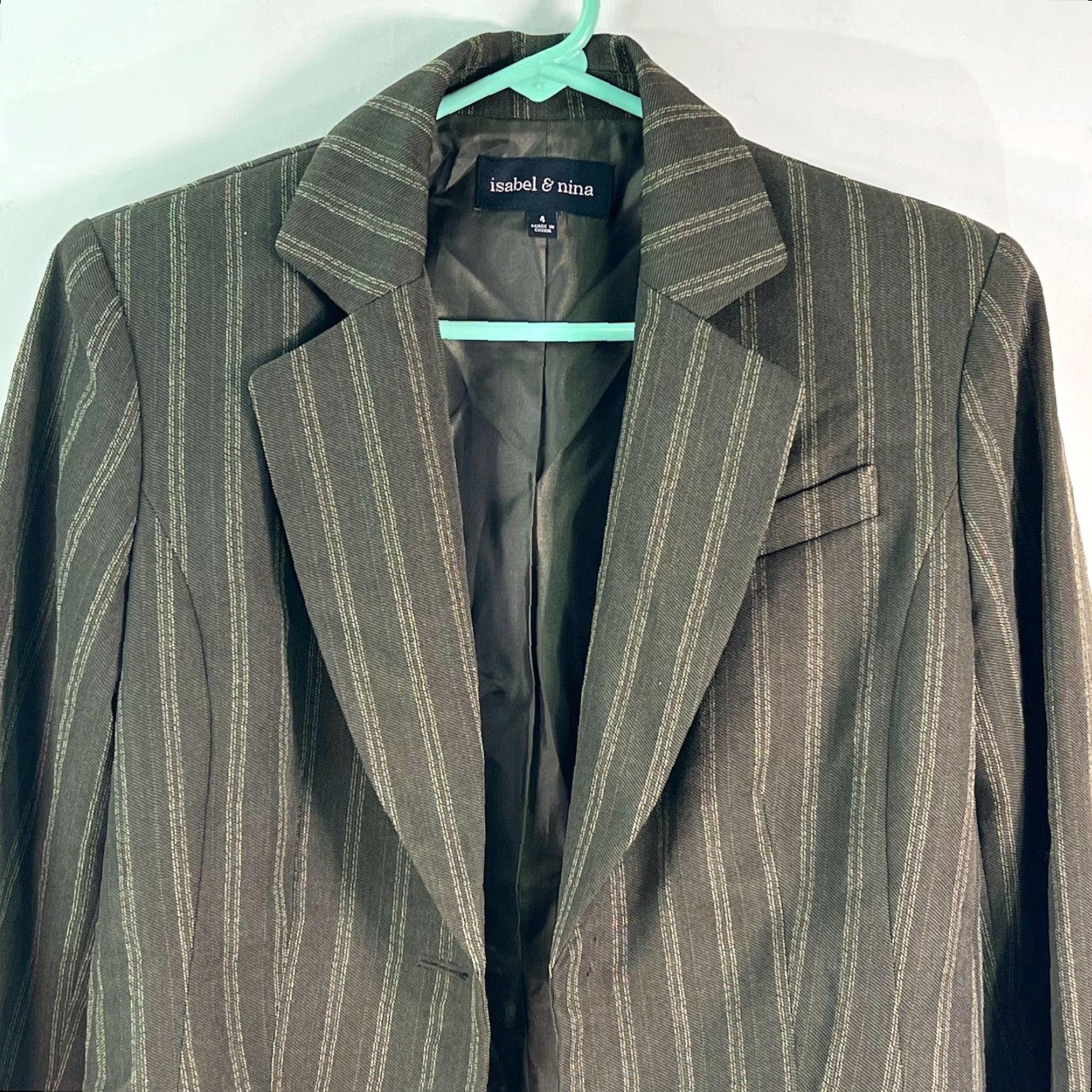 Vintage Isabel & Nina Women's Green Striped Blazer Jacket Sz 4 - Notch Lapel, Long Sleeve, Business Casual Size S / US 4 / IT 40 - 3 Thumbnail