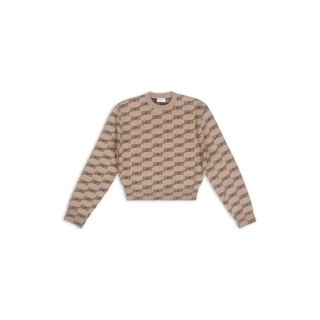 Balenciaga o1w1db11224 BB Monogram Cropped Sweater in Beige/Brown Size US XS / EU 42 / 0 - 1 Thumbnail
