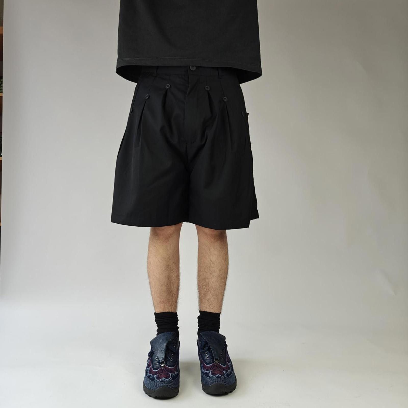 Black Multi Button Pleated Shorts