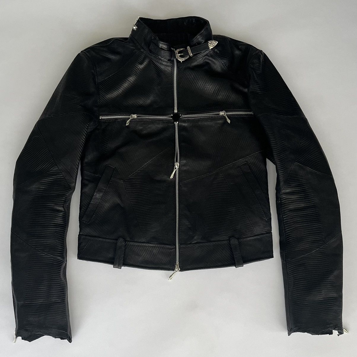 14th Addiction 14th Addiction Lizard Leather Crosszip Moto Jacket 