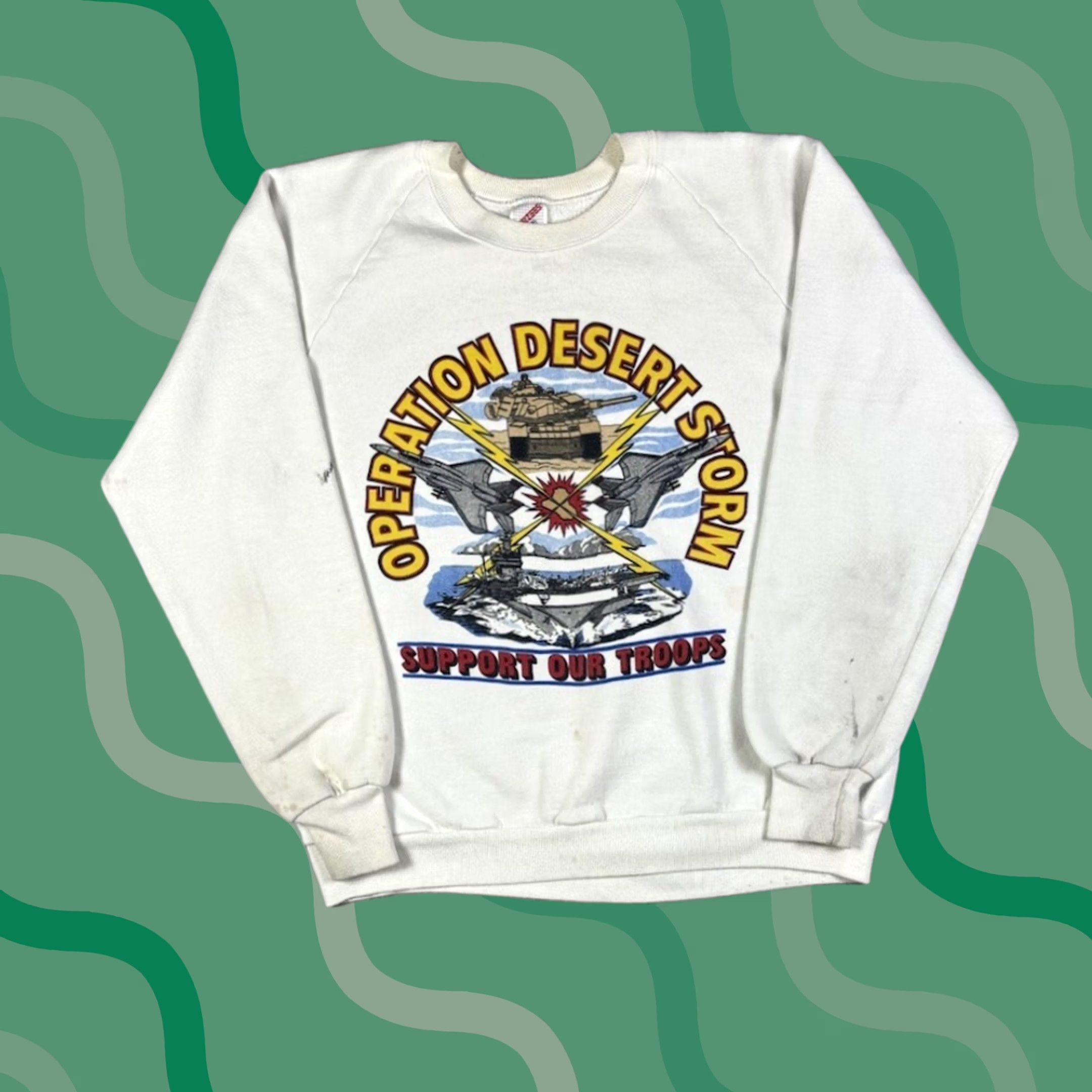 Vintage VINTAGE 80s Operation Desert Storm Military Pullover Sweatshirt White XL Mens Graphic Print Storm Heavyweight Knit Cotton Pullover 1980s US Army Size US XL / EU 56 / 4 - 1 Thumbnail