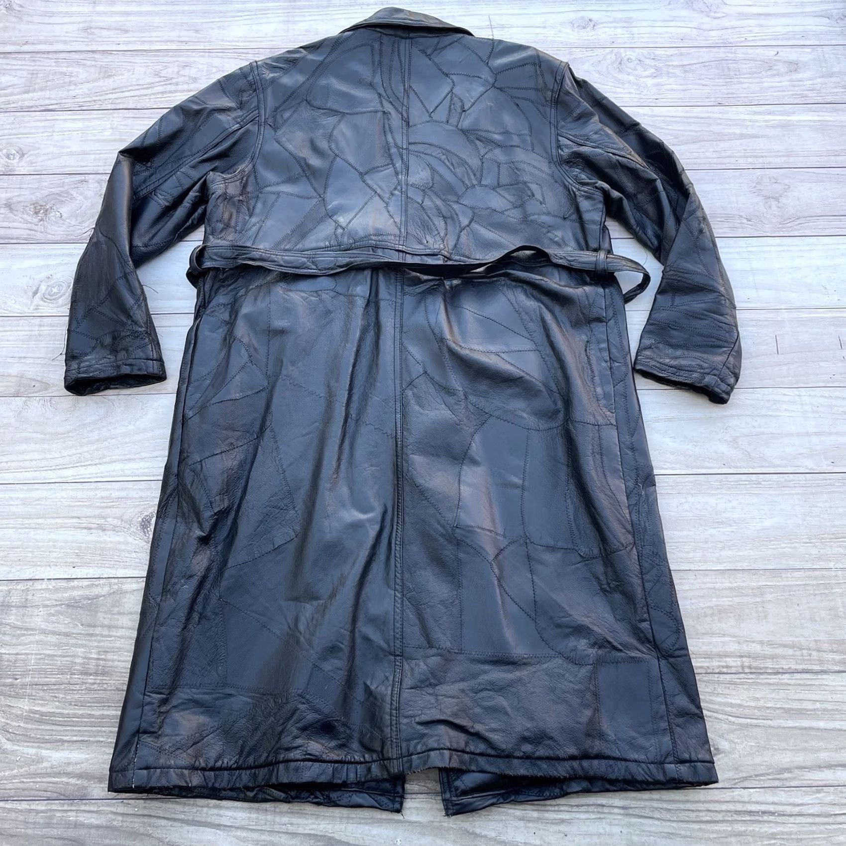 Vintage Men's Black Patch Leather Full-Length Trench Coat Belted 2XL 3 Button Jacket Size US XXL / EU 58 / 5 - 7 Thumbnail