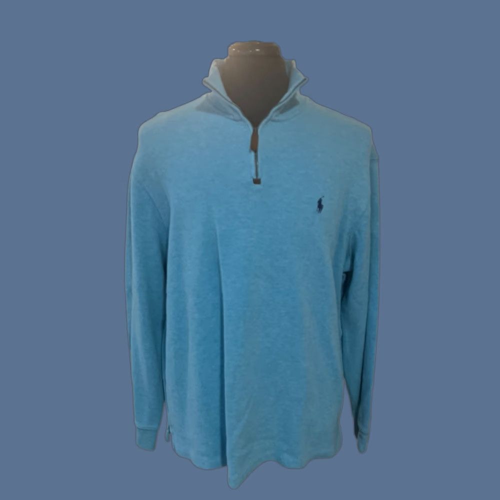 Polo Ralph Lauren VINTAGE Polo Ralph Lauren Mens XL Sweater Teal Blue 1/4 Zip Mock Neck Logo 100% Cotton Size US XL / EU 56 / 4 - 1 Thumbnail