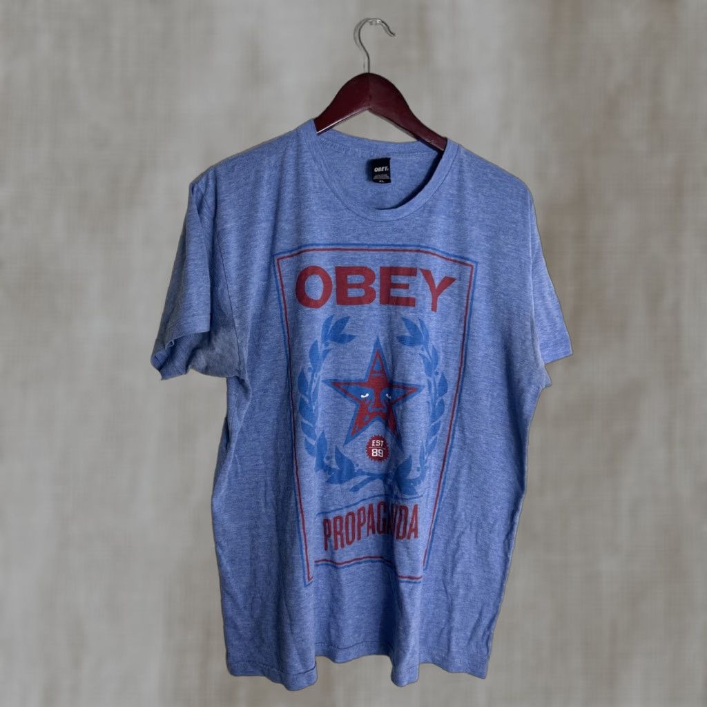 Obey OBEY PROPAGANDA T-Shirt Mens XL GRAPHIC Crew Neck Stars Logo Stains Gray Cotton Size US XL / EU 56 / 4 - 1 Thumbnail