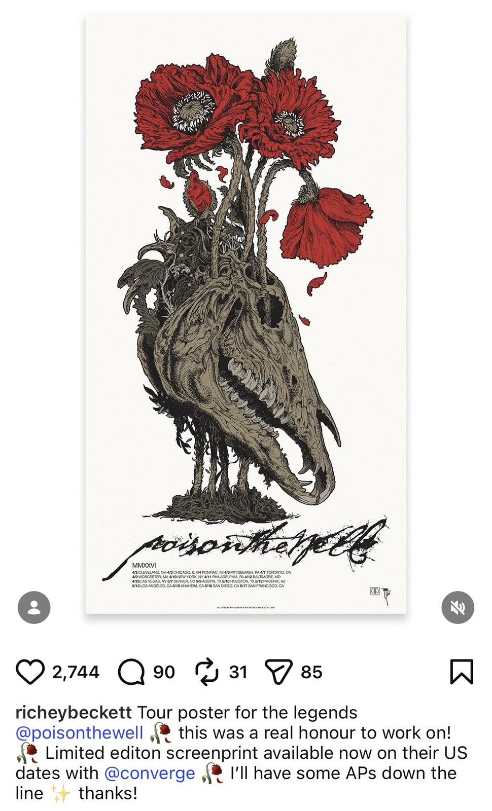 Band Tees Poison the Well 2026 Tour Skull Roses Poster 16x30 Official Size ONE SIZE - 7 Thumbnail