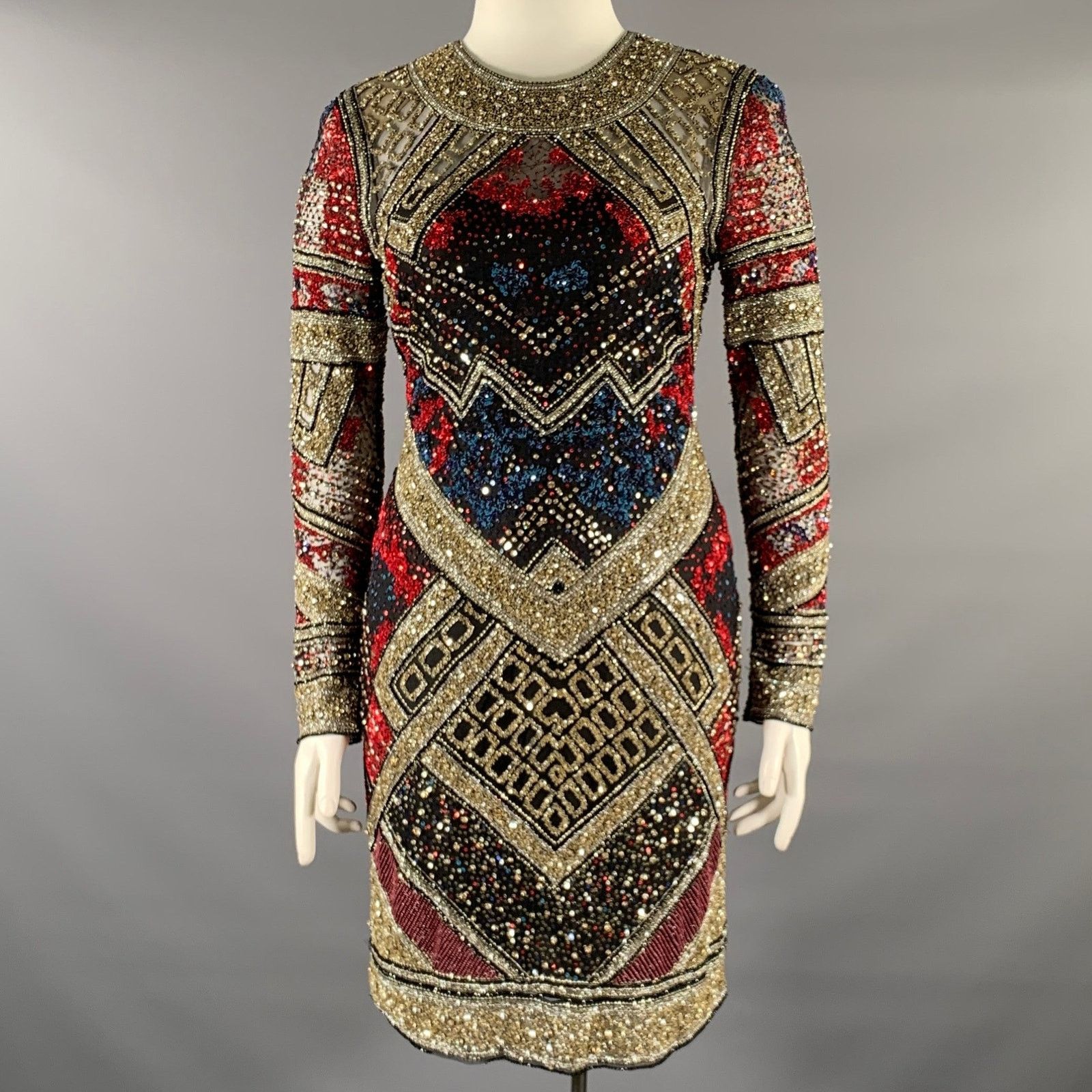 Naeem Khan Size 8 Silver Red & Blue Sequined Midi Cocktail Dress Size M / US 6-8 / IT 42-44 - 1 Thumbnail
