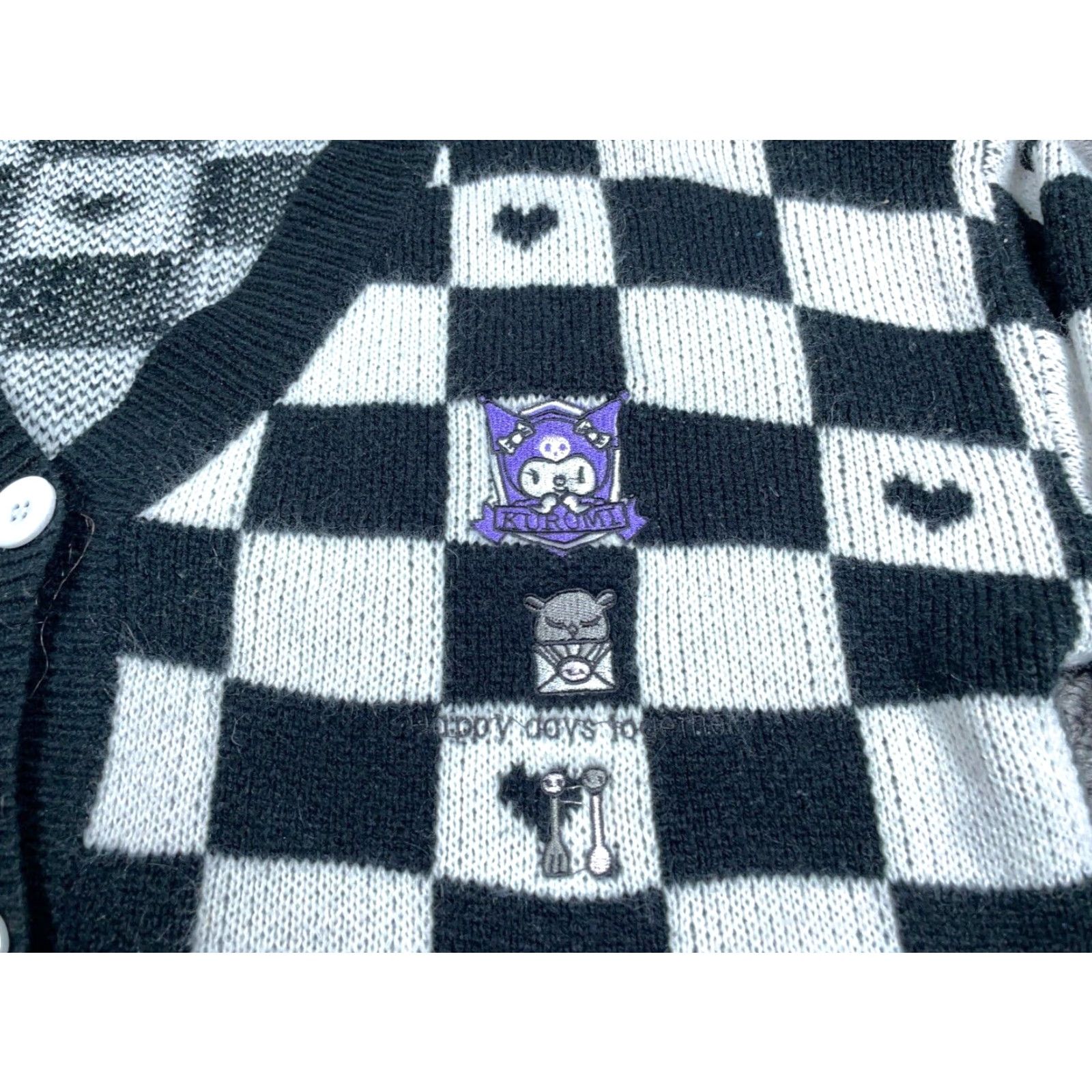 Vintage Kuromi Cardigan Women's XL Black White Check Pattern Embroidered Anime Boxy Fit Sweater Cardigan 90s Hipster Retro Casual Women's Size XL / US 12-14 / IT 48-50 - 4 Thumbnail