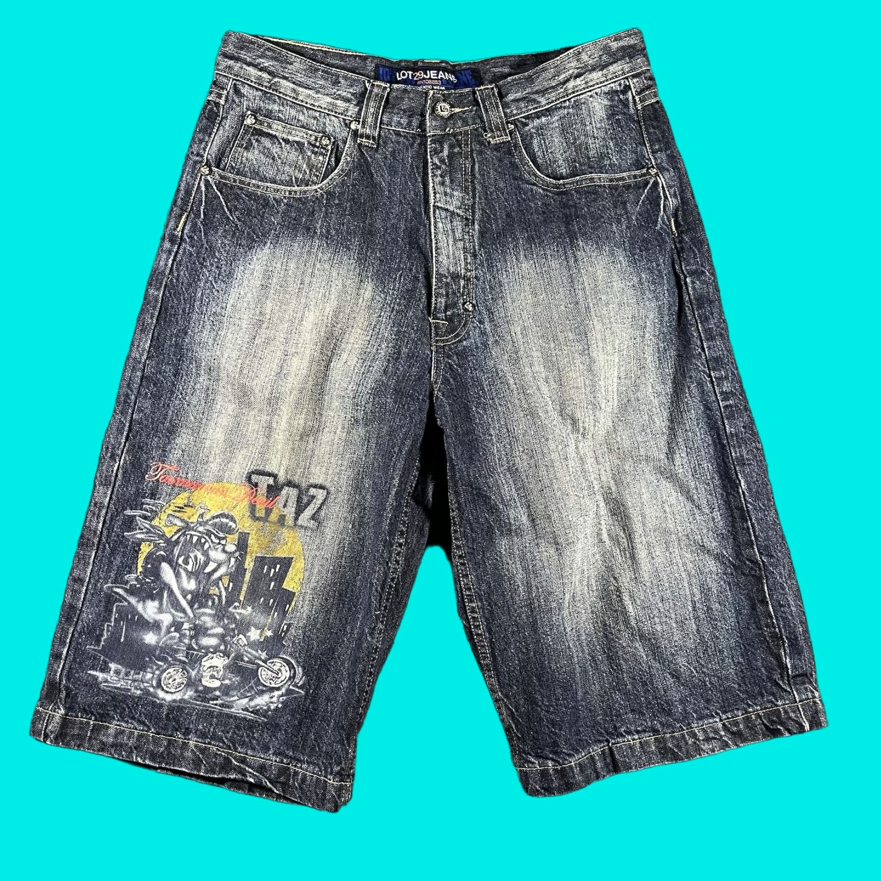 Vintage VINTAGE Lot 29 Luxe Looney Tunes TAZ Denim Shorts - Jeans Shorts Men’s 31 Blue 90s 2000s Graphic Daffy Duck Belt Loops 5-Pocket Vintage Casual Shorts Size US 31 - 1 Thumbnail