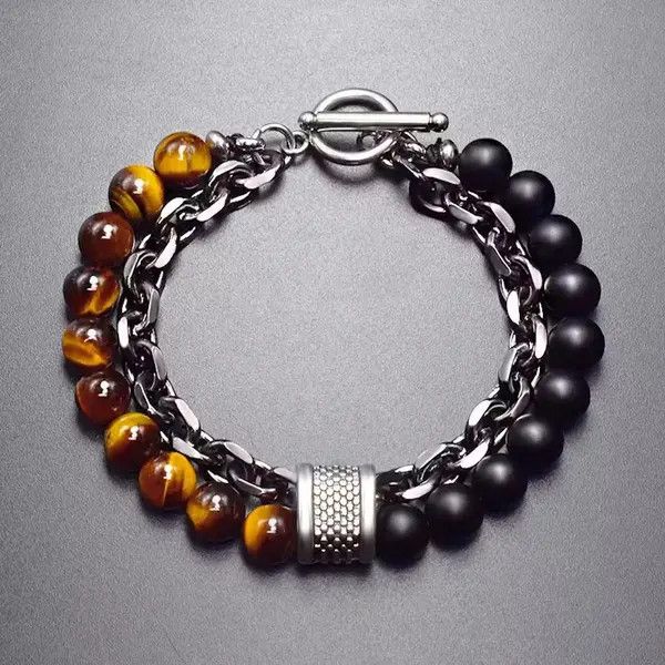 Japanese Brand Black Matte + Brown Tiger Eye Bead + Chain Bracelet Size ONE SIZE - 1 Thumbnail