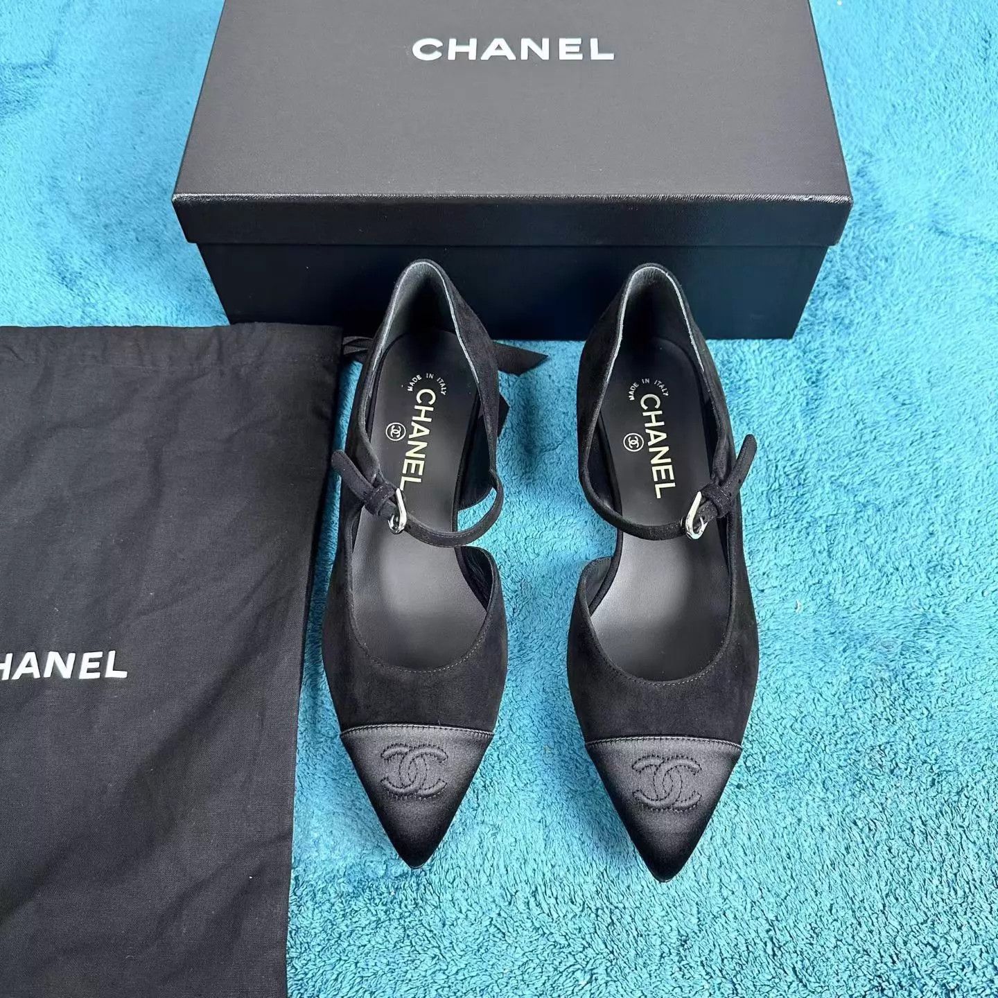 Chanel Chanel 25A Satin Pointed T-bar Mary Janes Black 37 Size US 6.5 / IT 36.5 - 1 Thumbnail