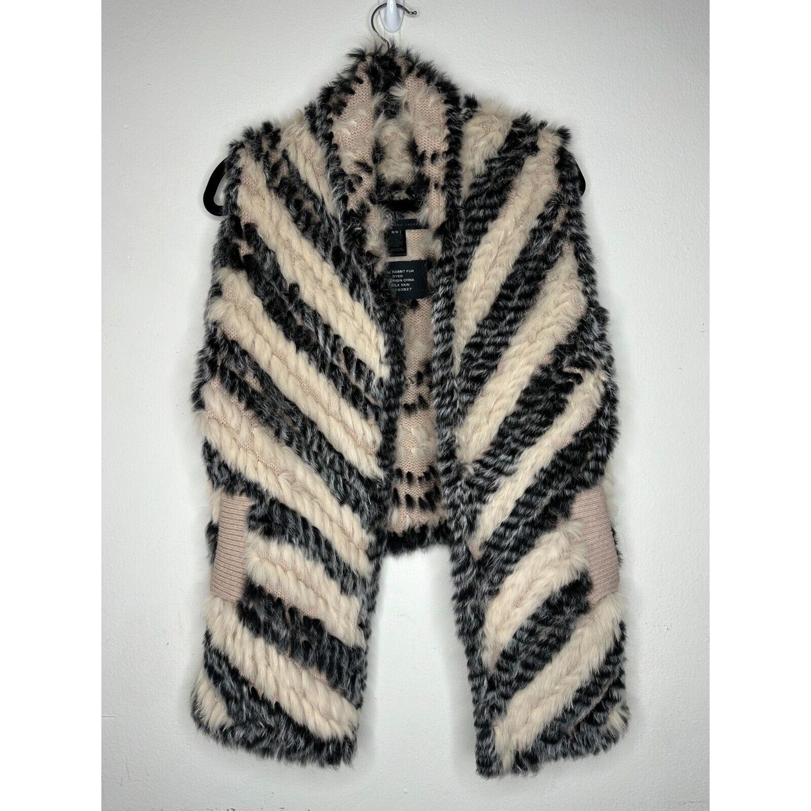 Marc by Marc Jacobs Marc by Marc Jacobs Cream Black Stripe Rabbit Fur Vest OS Size ONE SIZE - 7 Thumbnail