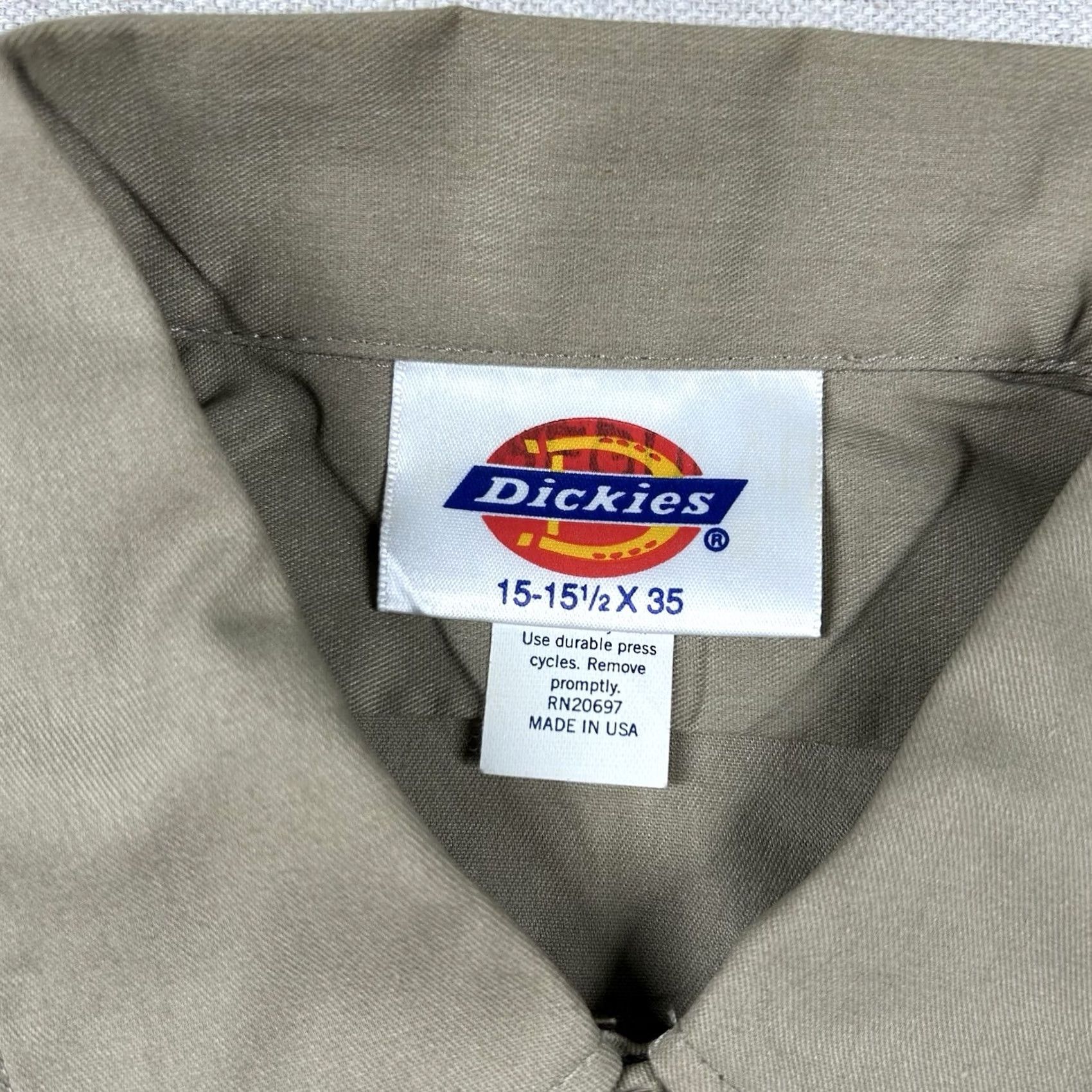 Dickies VINTAGE Dickies Shirt Mens L Work Long Sleeve Button Beige Brown Twill USA 90s Mens Button-Up Top Twill Cotton Polyester Solid Shirt Size US L / EU 52-54 / 3 - 3 Thumbnail