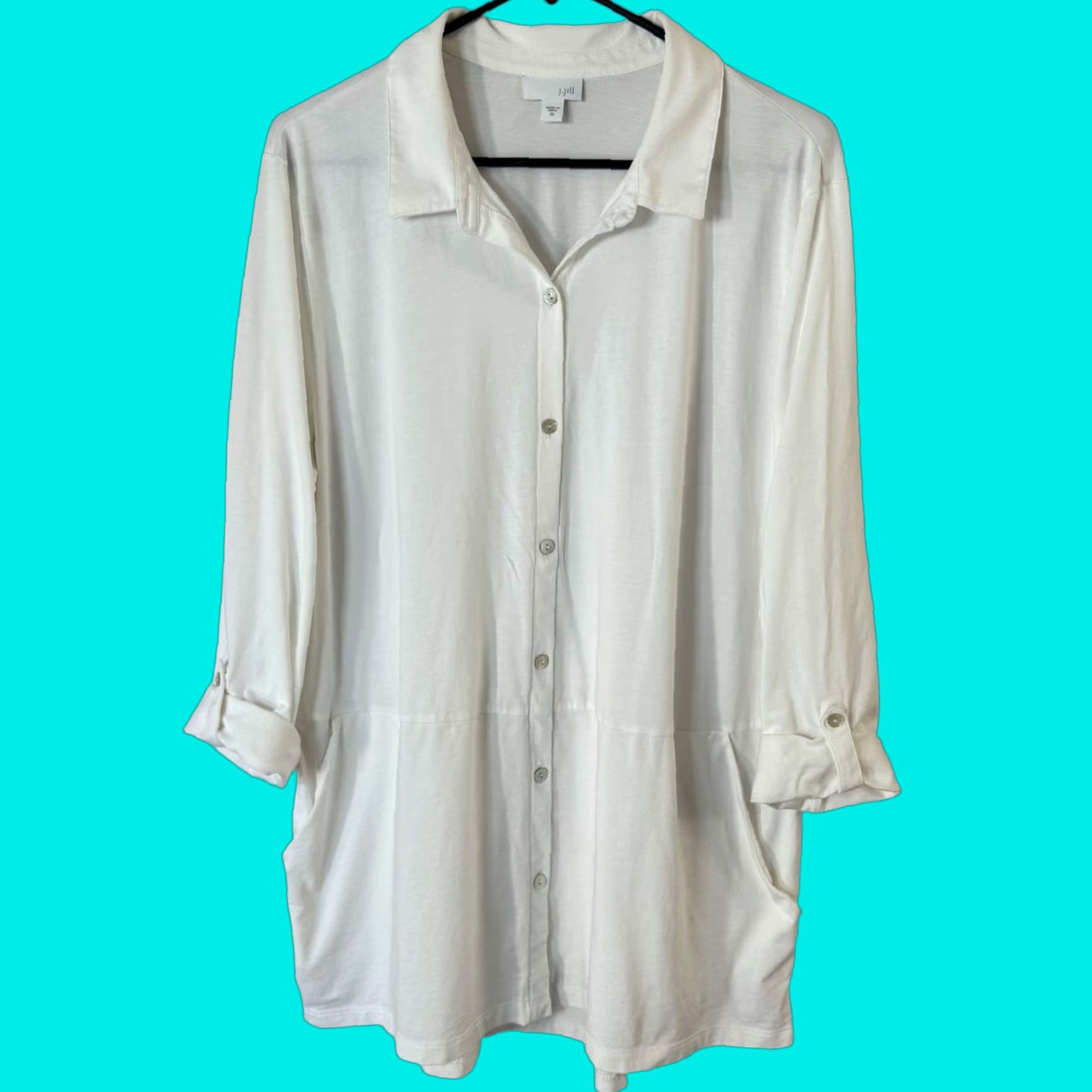 J. Jill J.Jill Pima Cotton Button-Up Tunic Shirt White Women's XL Long Sleeve Roll-Tab Casual Size XL / US 12-14 / IT 48-50 - 1 Thumbnail