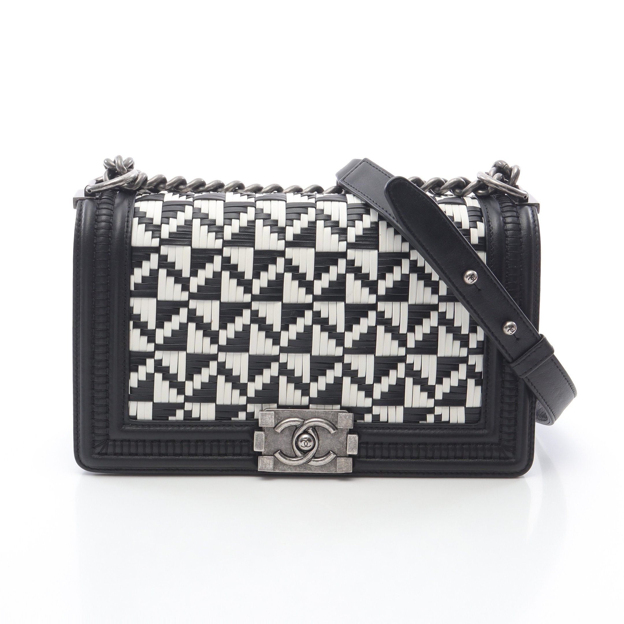 Chanel Boy Chanel Chain Shoulder Bag Lambskin Black White Antique Silver Hardware, Women's