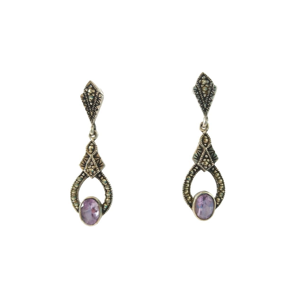 The Unbranded Brand Amethyst & Marcasite Dangle Earrings Sterling Silver Size ONE SIZE - 1 Thumbnail