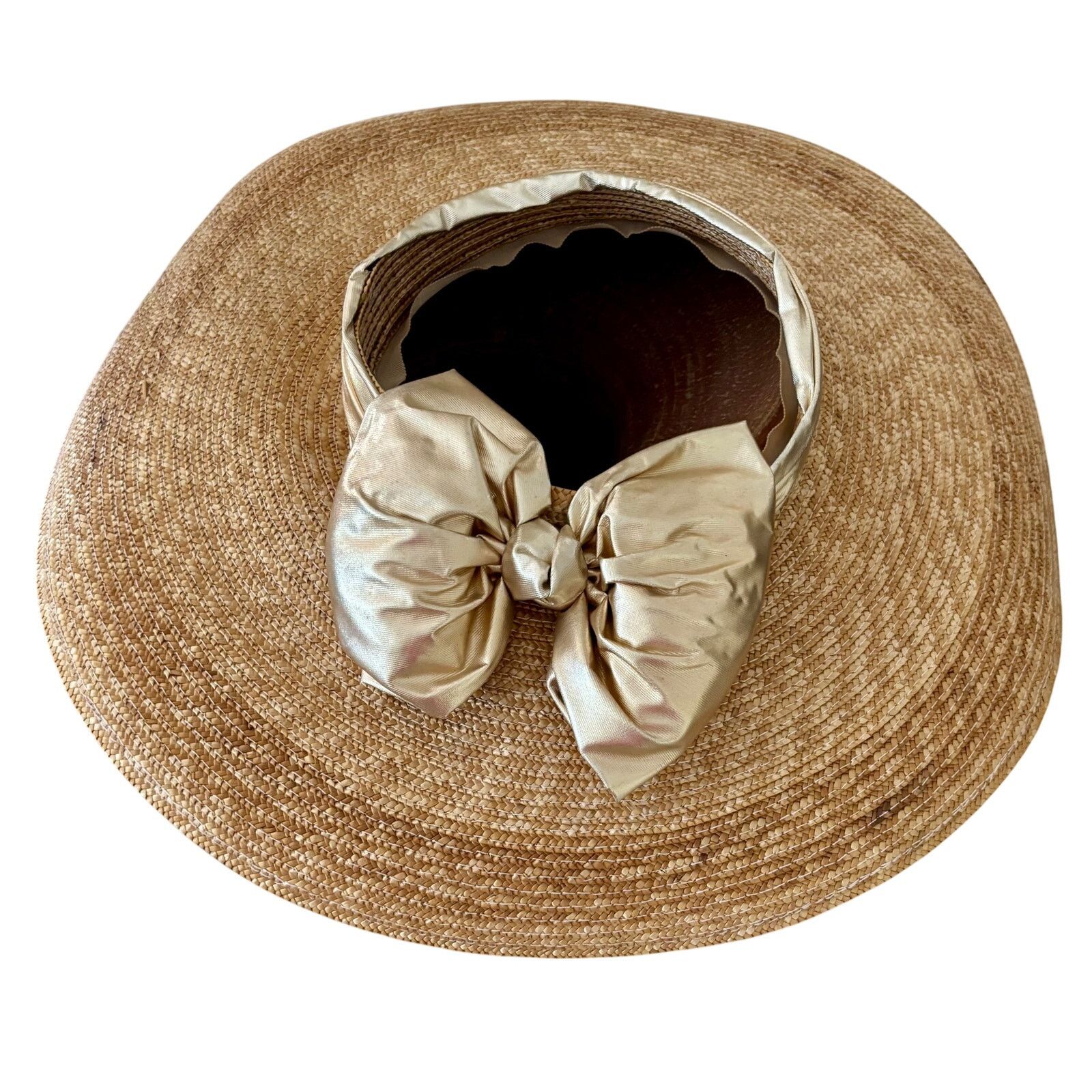 Vintage Vintage Deborah Rhodes Mocha Straw Hat Gold Metallic Bow Size ONE SIZE - 1 Thumbnail