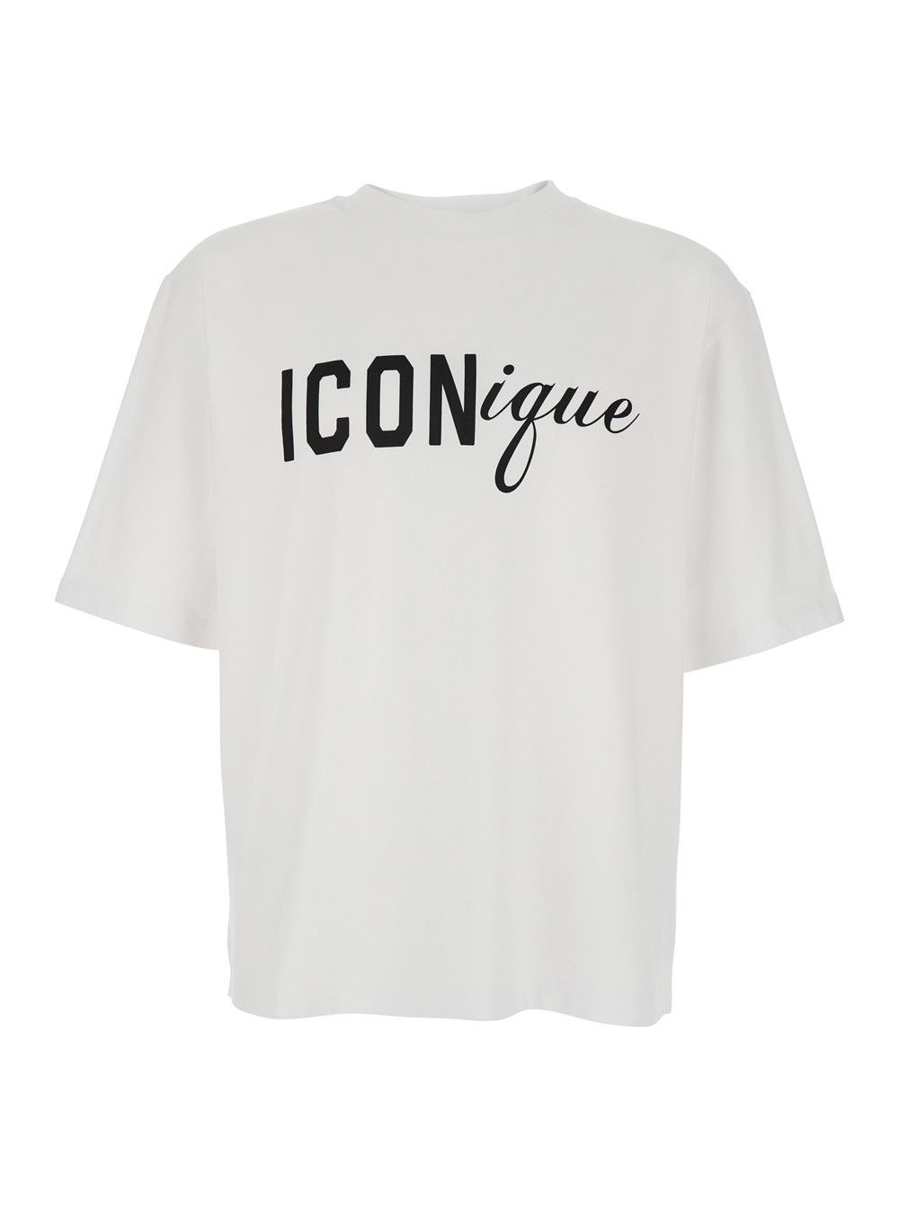 white crew neck T-shirt with raised collar and maxi logo on the front in cotton man
