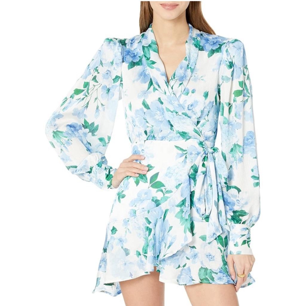 Designer NWT Line & Dot Floral Wrap Dress XS Blue White Size XS / US 0-2 / IT 36-38 - 1 Thumbnail