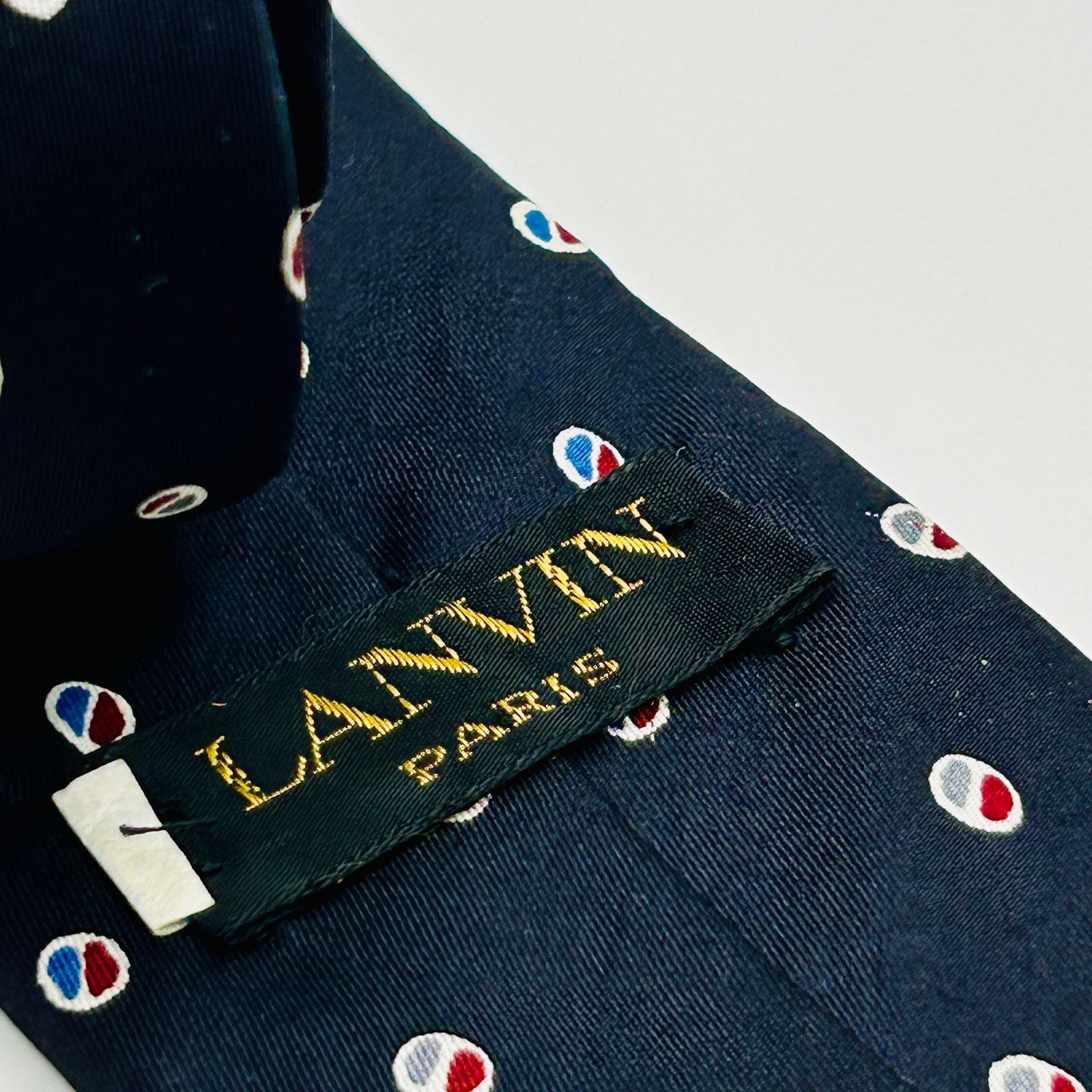 Lanvin Vintage 80s Paris Navy Blue Red Polka Dot Silk Skinny Tie Size ONE SIZE - 3 Thumbnail
