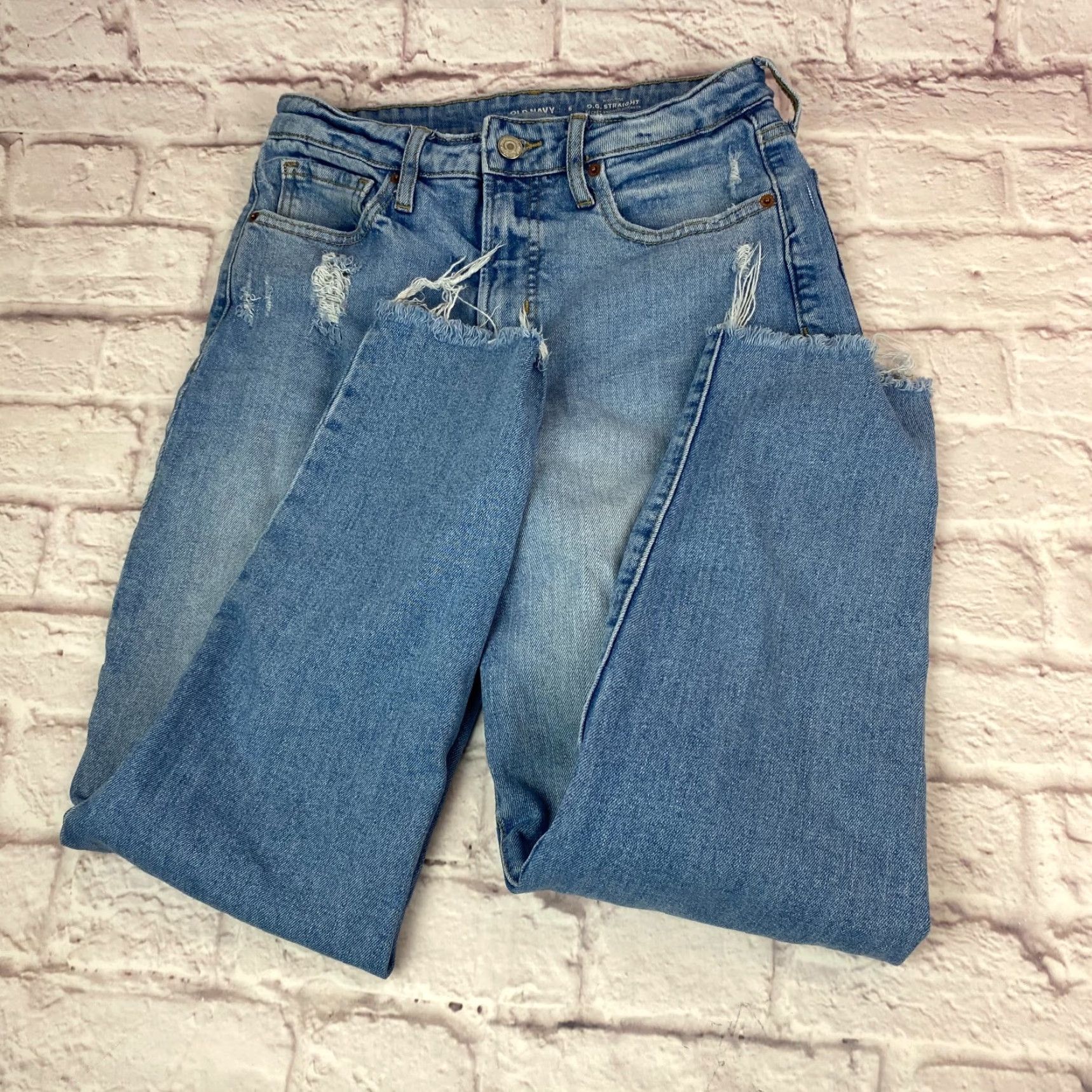 Old Navy VINTAGE Old Navy Womens OG High Rise Straight Jeans Blue Distressed Raw Hem Size 6 Size 28" / US 6 / IT 42 - 3 Thumbnail
