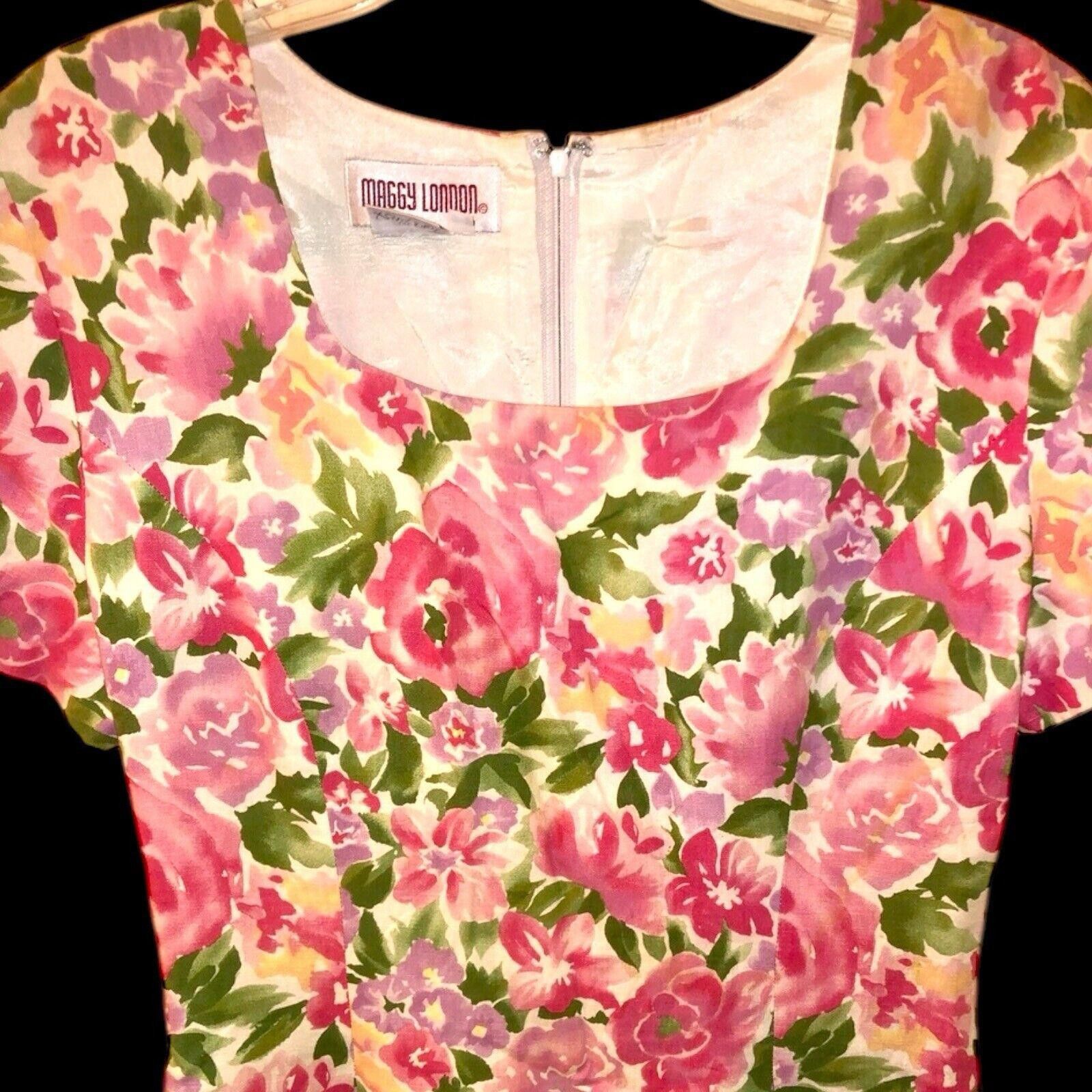 Designer Maggy London Pink Floral Linen Cotton Short Dress Sz 10 Size L / US 10 / IT 46 - 2 Thumbnail