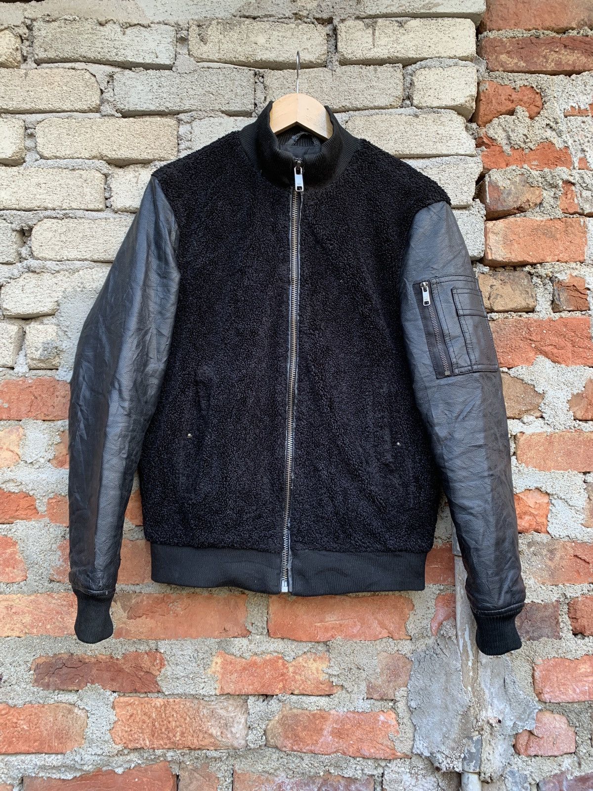 image of Bomber Jacket x Zara Vintage Zara Leather Sleeves Sherpa Fleece Jacket in Black, Men's (Size Medium