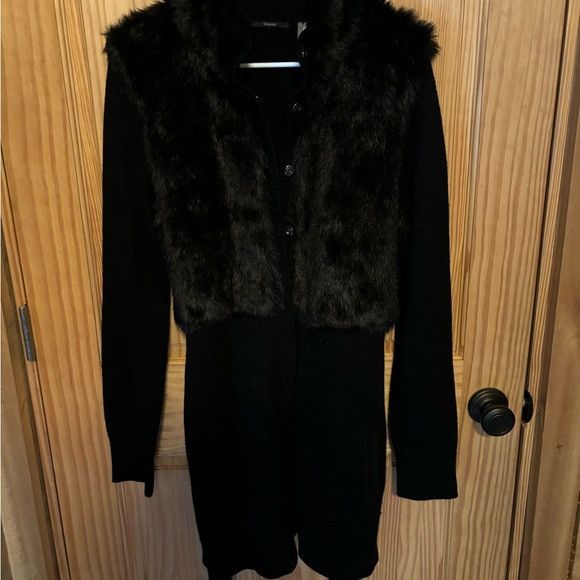 Elie Tahari T Tahari faux fur belted cardigan black wool blend large Size L / US 10 / IT 46 - 8 Thumbnail