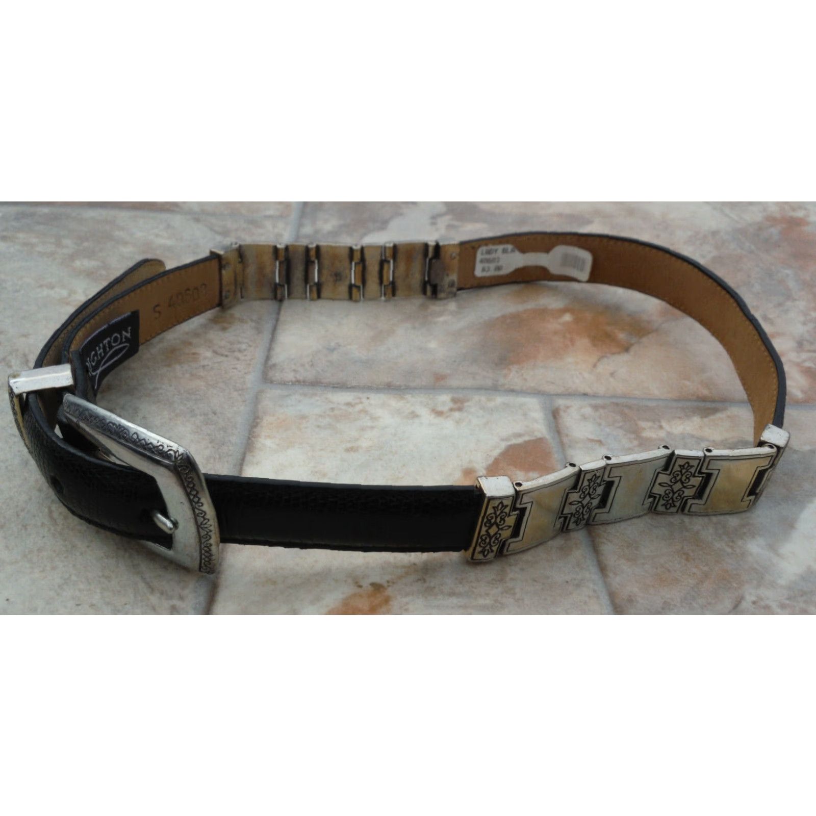Brighton VINTAGE Brighton Leather Concho Belt Women's Small Black Reptile Pattern 90s Decorative Engraved Size ONE SIZE - 2 Thumbnail