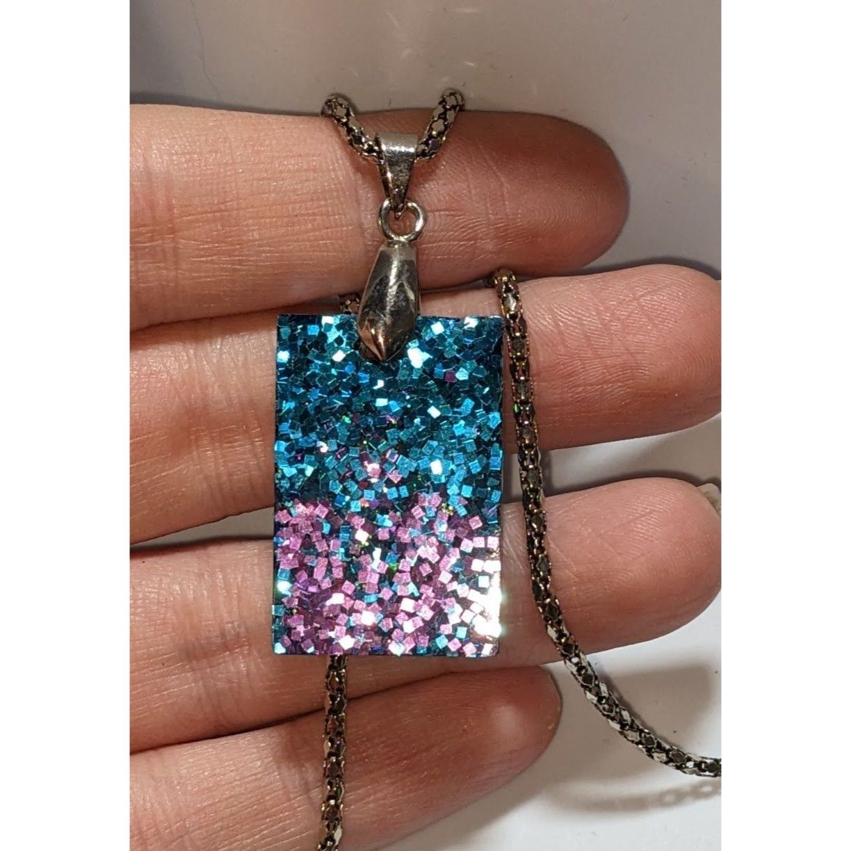 Handmade Whimsical Blue & Purple Glitter Pendant Necklace With Silver Size ONE SIZE - 1 Thumbnail