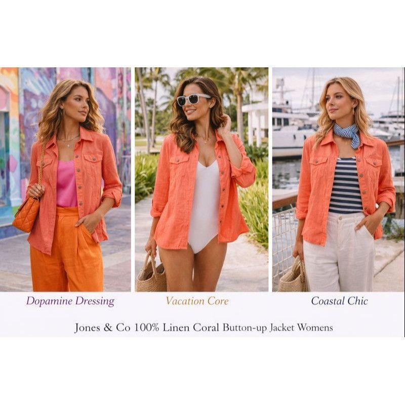 Other Jones & Co Women Coral Linen Jacket M Vacation Core Coastal Size L / US 10 / IT 46 - 1 Thumbnail