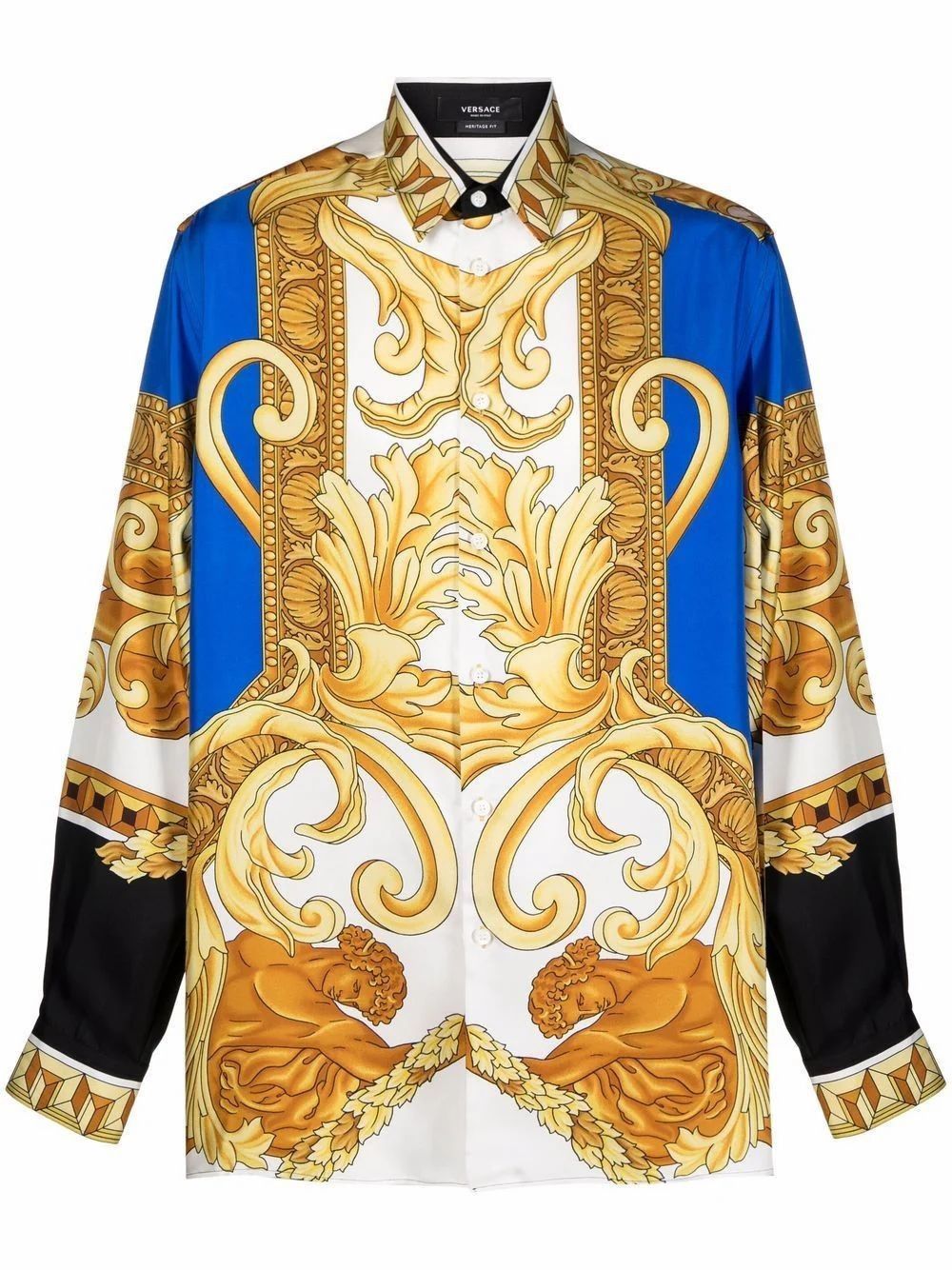 Versace $1350 VERSACE Gold and Blue Floral Baroque Medusa Silk Shirt Size 52L - 3 Thumbnail