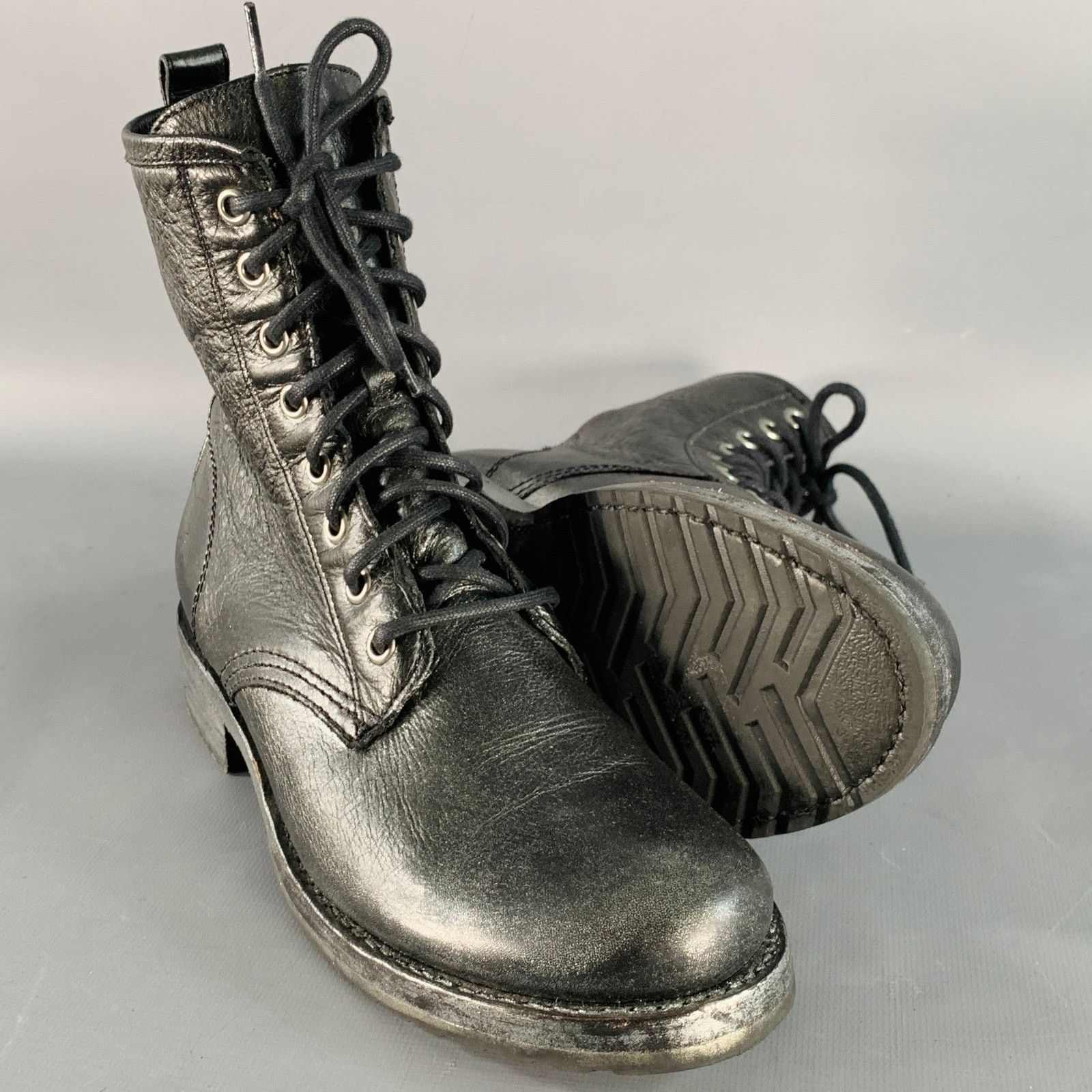 Frye FRYE Size 7 Black Silver Leather Metallic Lace-Up Boots Size US 7 / IT 37 - 5 Thumbnail