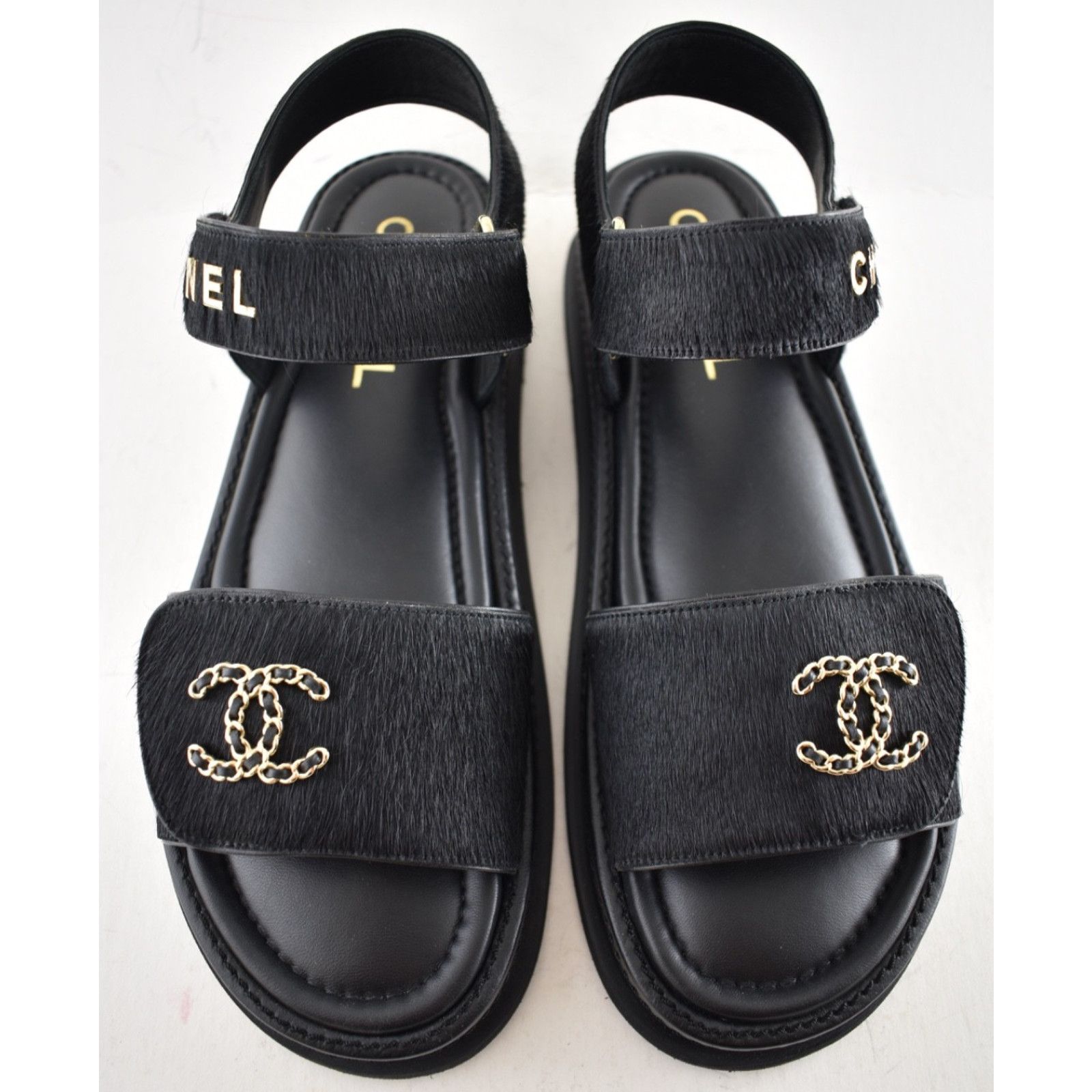 Chanel Chanel 24B Black Calf Hair Gold CC Logo Flat Dad Sandal 36 Size US 5 / IT 35 - 7 Thumbnail