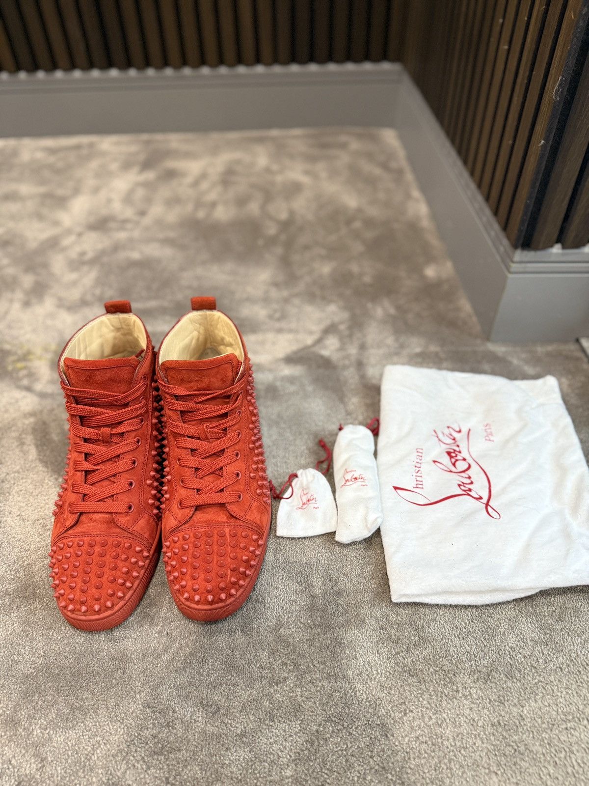 Christian Louboutin Christian Louboutin Red Suede Louis Spikes High Top Sneakers Size US 11 / EU 44 - 12 Thumbnail