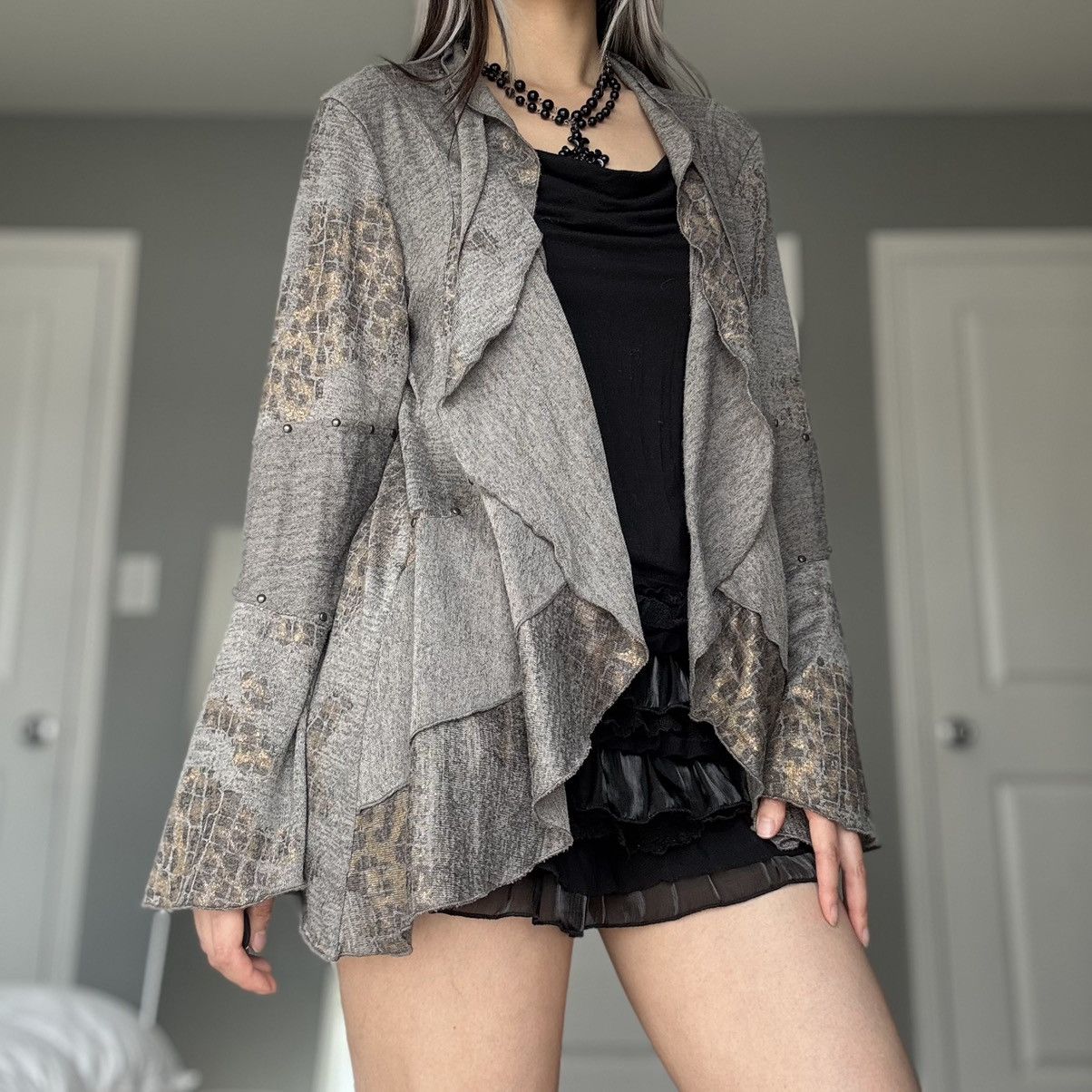 Other Vintage Mischa Leopard Print Gold Studded Ruffle Cardigan Size M / US 6-8 / IT 42-44 - 12 Thumbnail