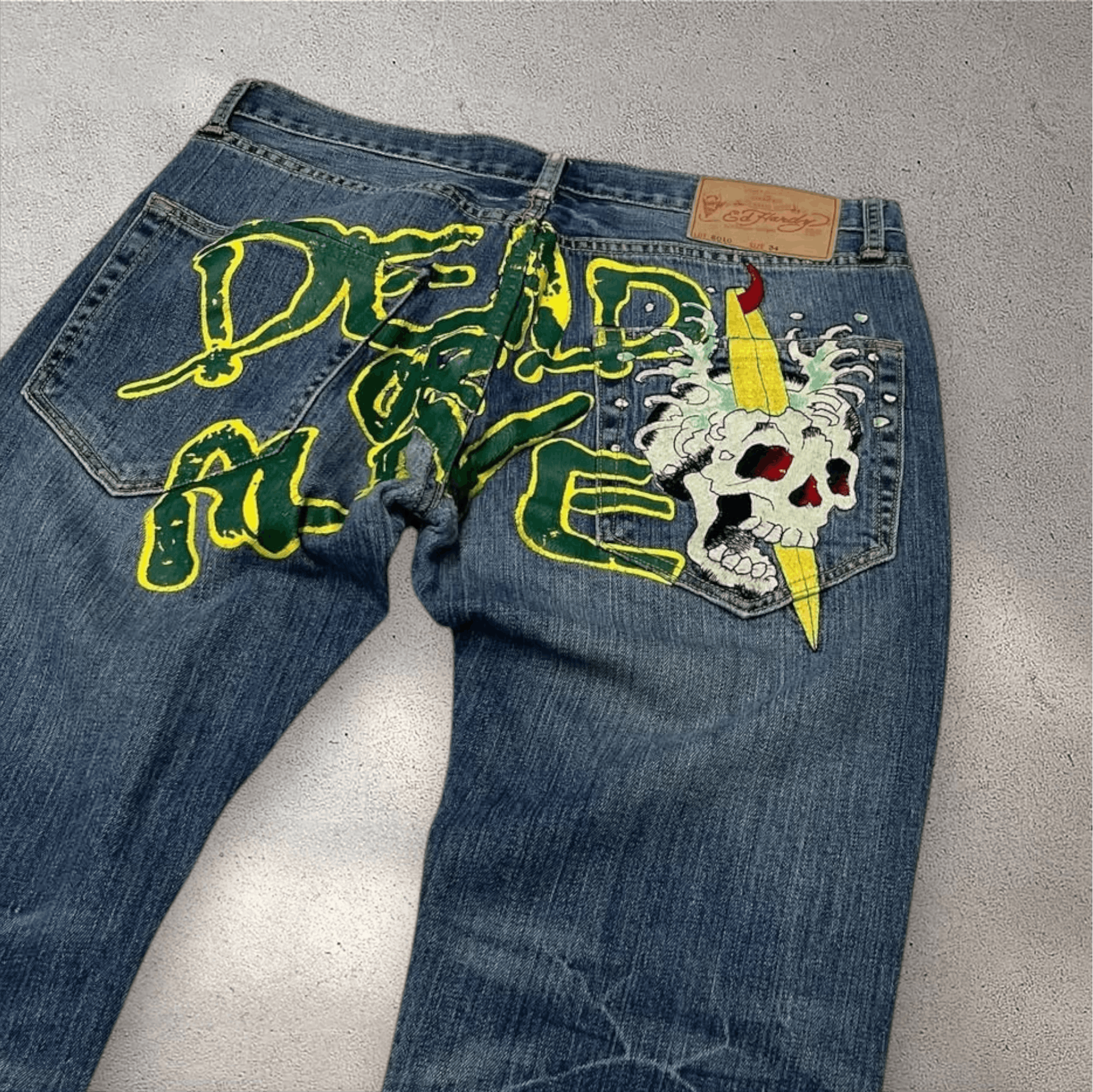Christian Audigier × Ed Hardy Crazy 💥 Ed Hardy ' DEAD OR ALIVE ' Embroiderd Baggy Denim Size US 36 / EU 52 - 4 Thumbnail