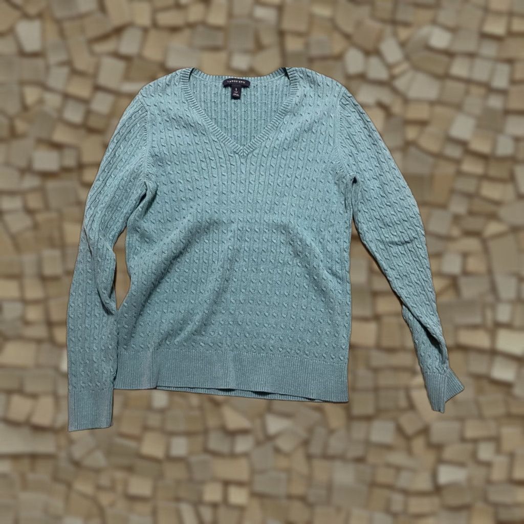 Lands' End Lands' End Sweater Women's Size Small Blue/Green Pullover V-neck Knit Regular Casual Vintage Not N/A Size S / US 4 / IT 40 - 1 Thumbnail