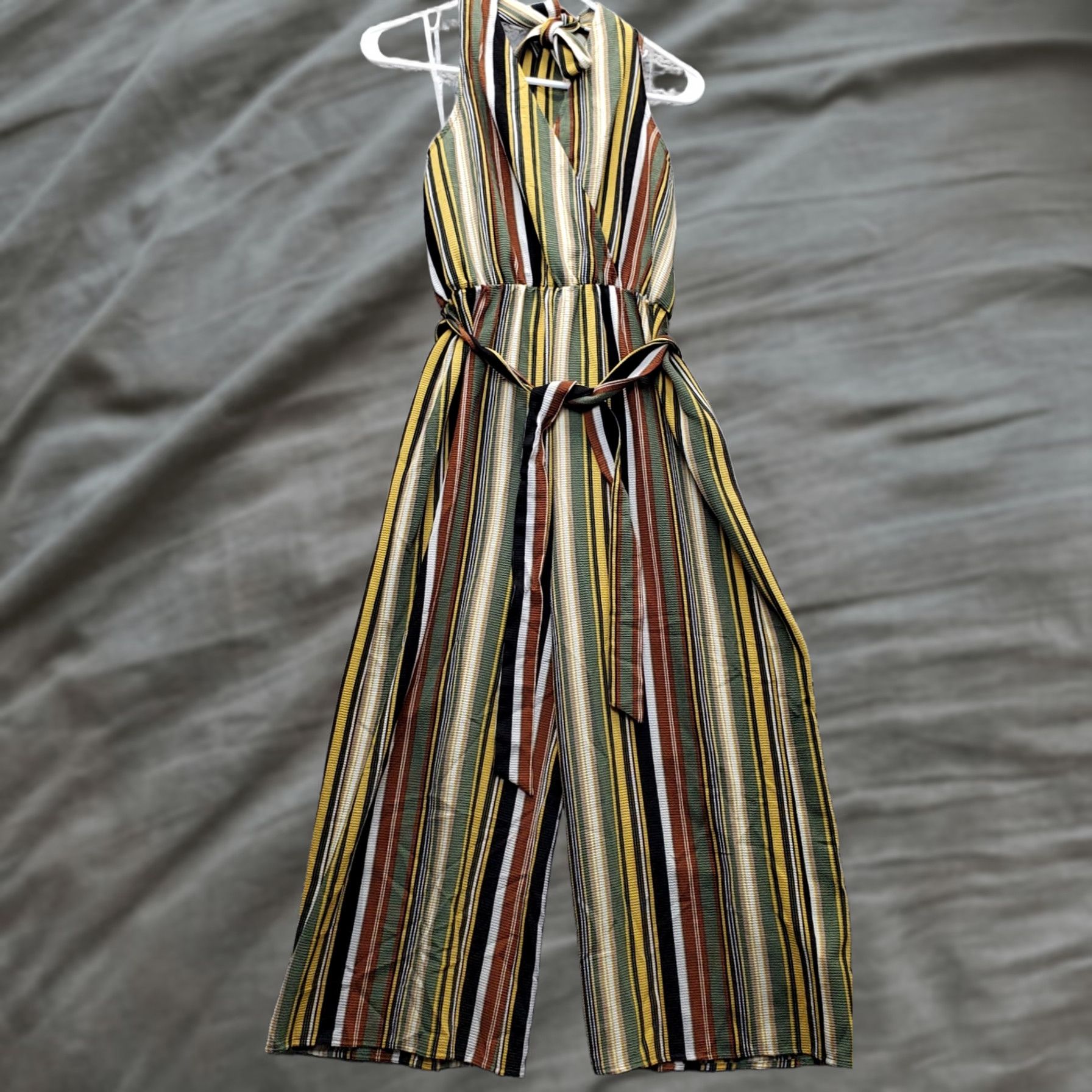 Almost Famous Almost Famous Jumpsuit Womens M Halter Wrap Front Striped Sleeveless Multicolor Wide-Leg Casual Size 32" / US 10 / IT 46 - 1 Thumbnail