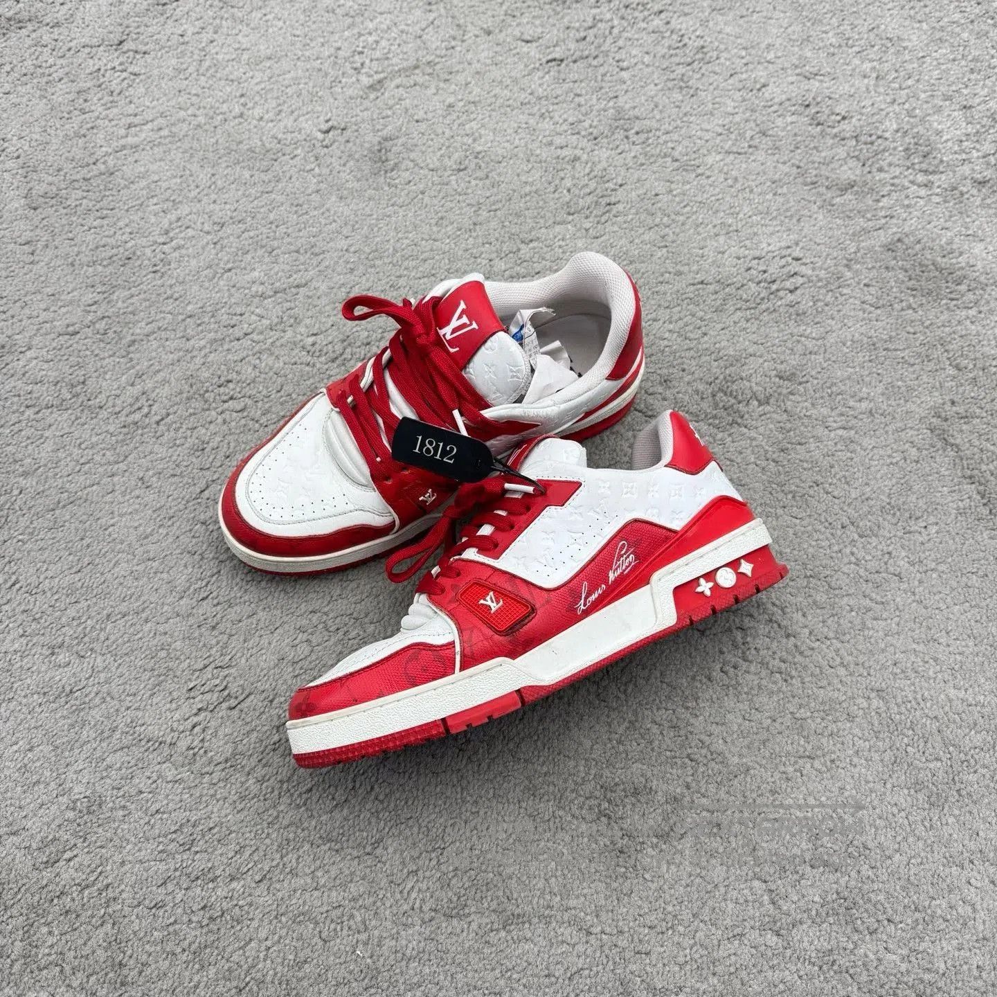 Louis Vuitton LV Red White Monogram Leather Trainer Shoes. Size US 7 / EU 40 - 2 Thumbnail
