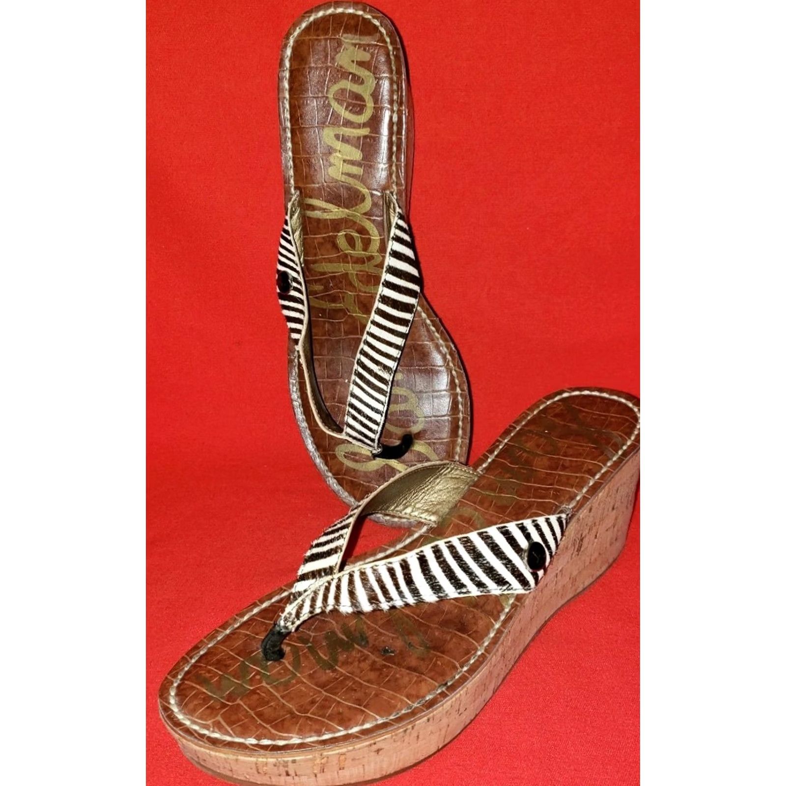 Sam Edelman Sam Edelman Toe Post Slide Wedge Sandal US 10M White Brown Striped Cork Wedge Womens Size US 10 / IT 40 - 4 Thumbnail